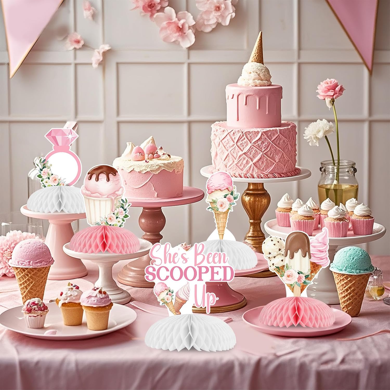 She’s Been Scooped Up Honeycomb Centerpieces – Love Is Sweet Ice Cream Bridal Shower Decorations – 8pcs Double-Sided Table Decorations for Bachelorette Engagement Party – Pink Dessert Theme