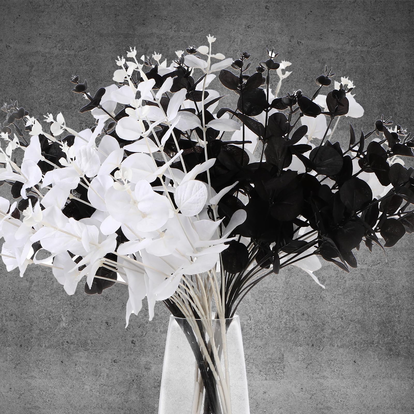 Syhood Confezione da 4 steli di eucalipto bianco e nero con 16 rami, foglie di eucalipto artificiali da 48,3 cm, decorazione di foglie di eucalipto rami bouquet finto gotico decorazione bagno per casa
