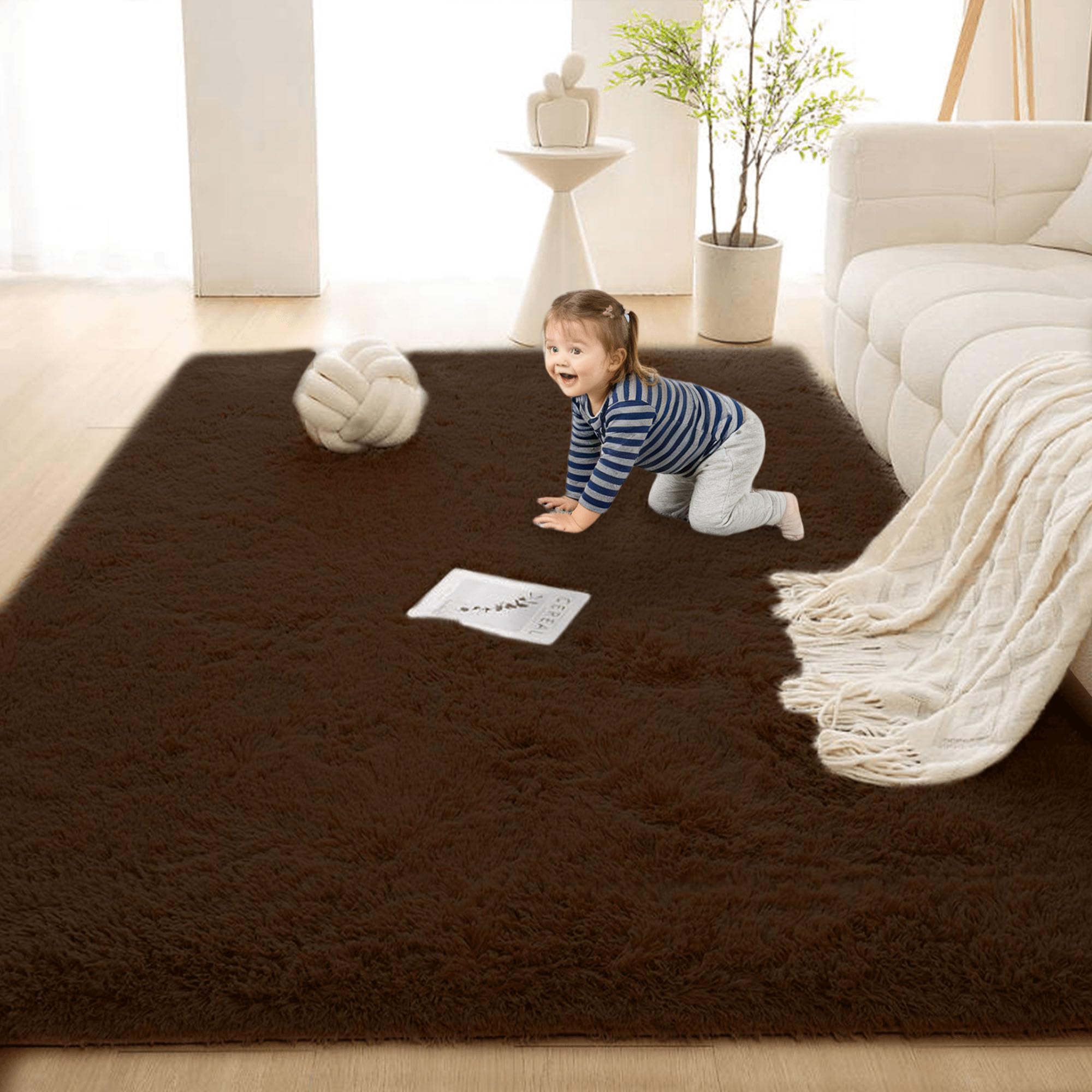 Tapis salon 250 x 340 cm shaggy brun monochrome moderne
