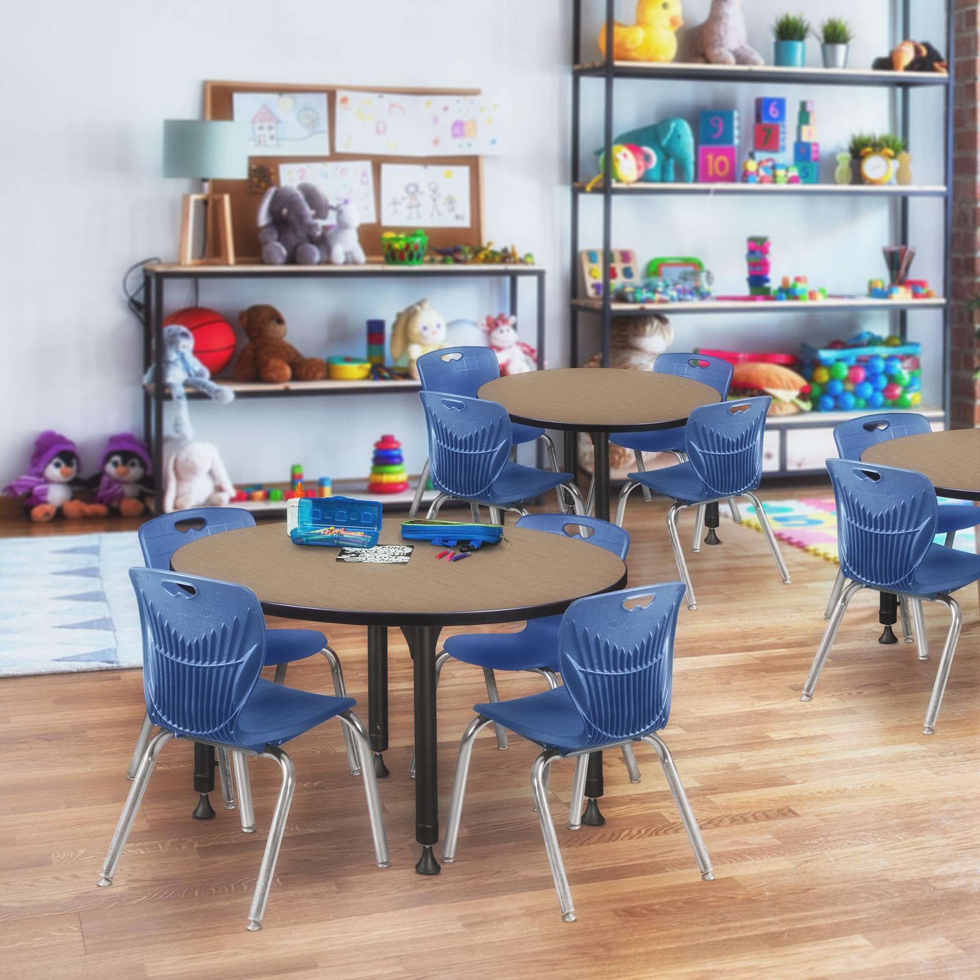 Regency Kee 42 in. Round Adjustable Classroom Table- Noble Oak Top, Black Base & 4 Andy 12 in. Blue Stack Chairs
