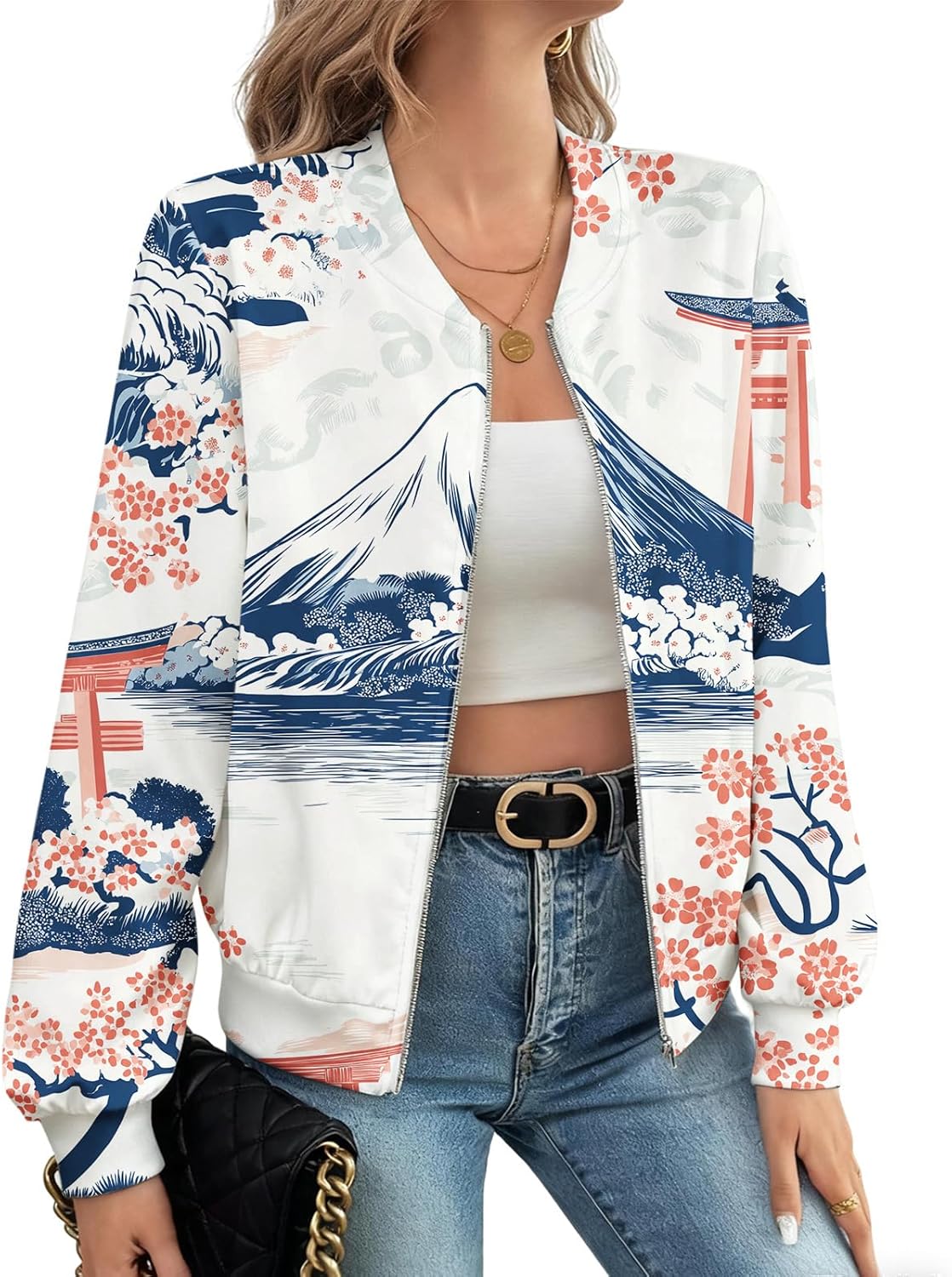 LIZALIG Women's Floral Print Bomber Jacket Casual Vintage Zip Coat Lightweight Long Sleeve Outwear Tops Windbreaker - Image 2