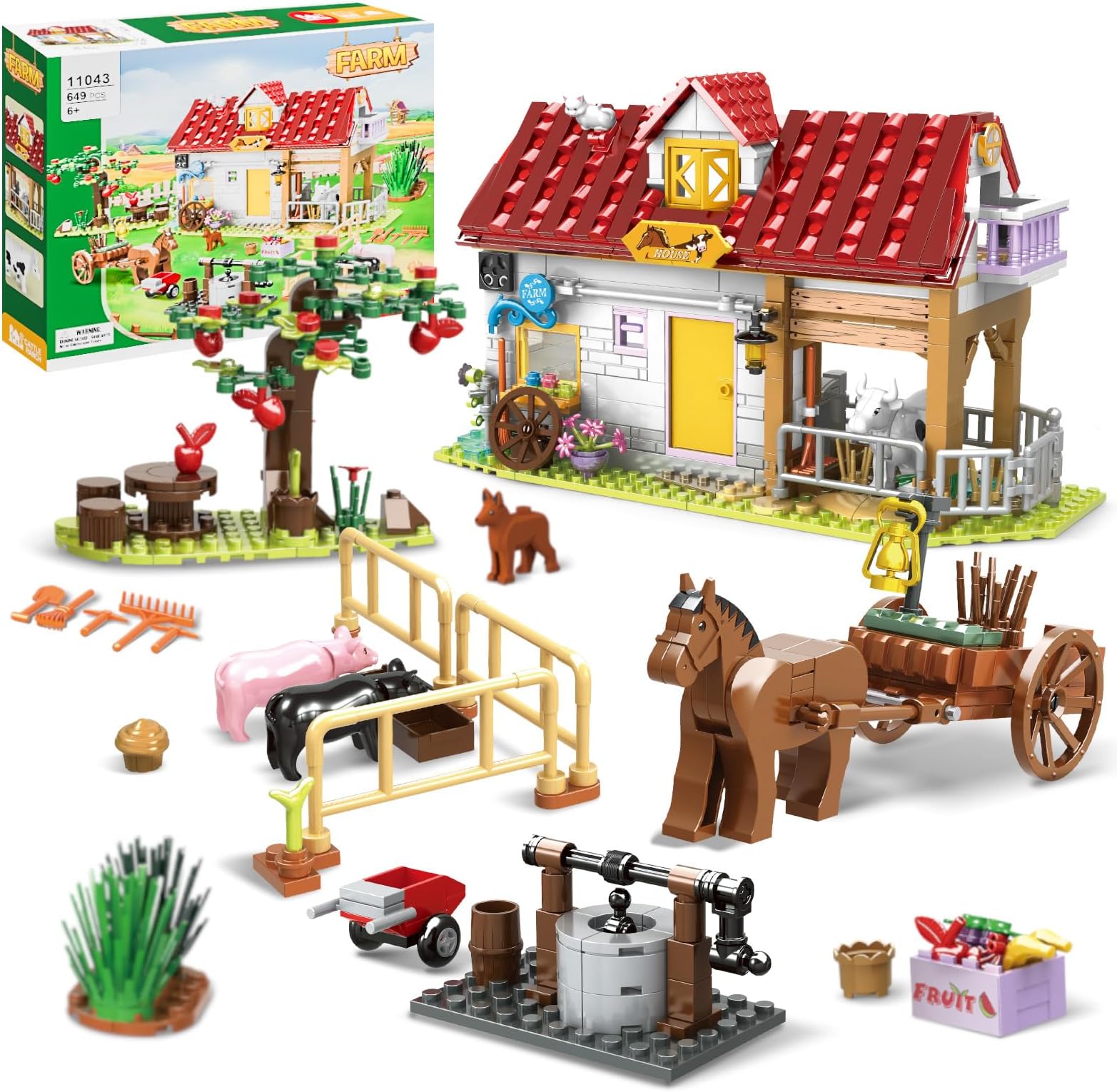 OKKIDY Farm House Building Set Toy for Girls Boys - 649 PCS Farm Animals Building Block Set with Carriage Farm Tools, Creative for Kids Ages 6 7 8 9 10 11 12+