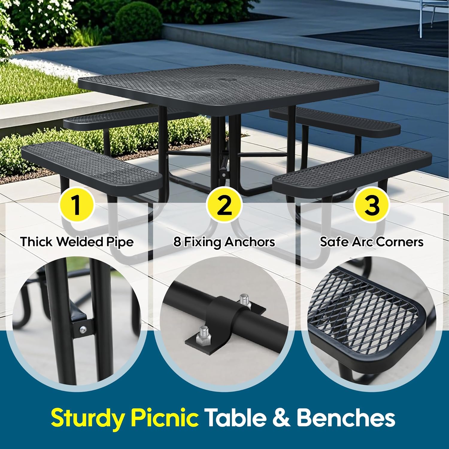 46Inch Square Picnic Table for 8 Person, Outdoor Heavy Duty Sturdy Picnic Tables with 4 Benches & Umbrella Hole, Commercial Metal Patio Picnic Table for Garden, BBQ, Coffee Store, Party, Porch (Black)