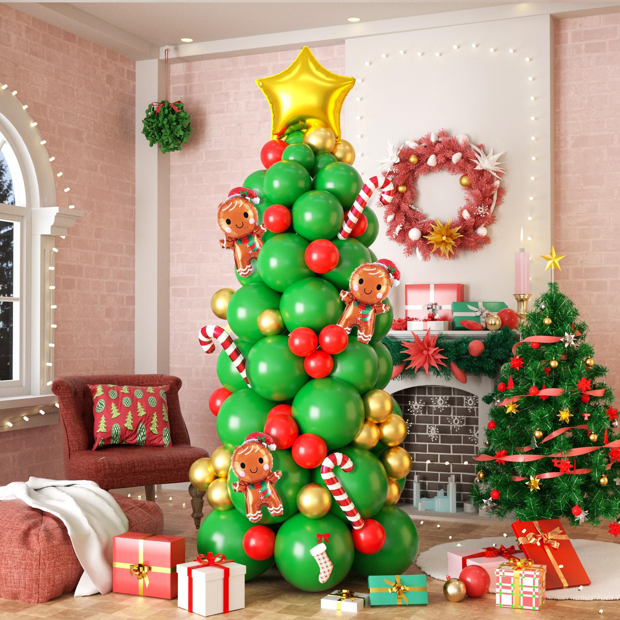 Christmas Arch Kit - Green & Red Tree Balloons with Golden Stars & Crutch Balloons for Xmas Party Decorations