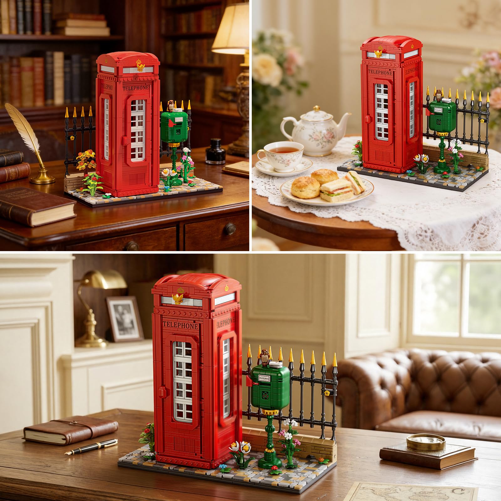 Reobrix Telefonzelle Baustein Set für Erwachsene mit LED Beleuchtung, 66609 Londoner Wahrzeichen Rote Telefonzelle im Vintage Stil, Retro Britische Telefonzelle Bausatz Bauspielzeug（1707 Teile）