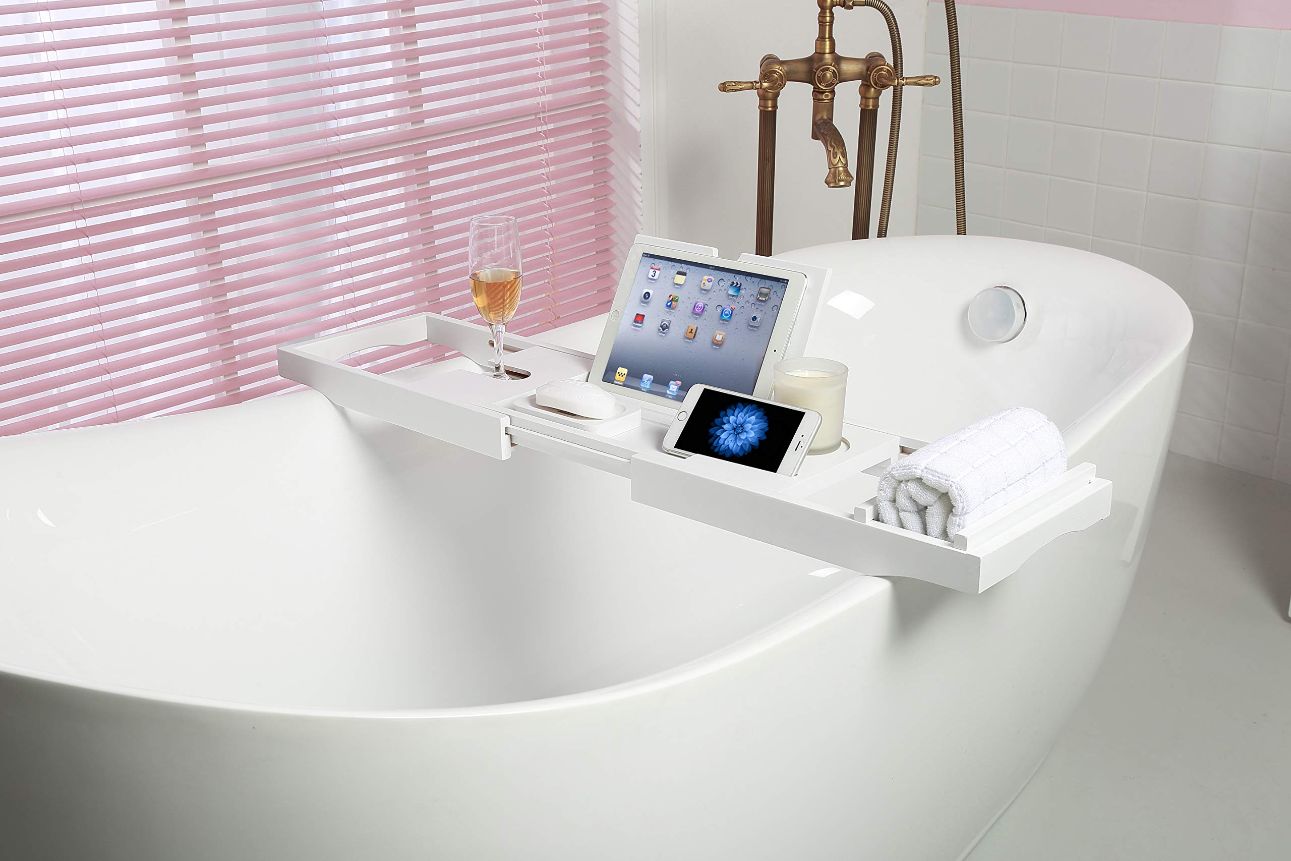 Woodluv Bath Tray, Extendable Bath Caddy Trays for Bathtub Accessories with Tablet Phone Slots, Candle Mug/Cup Holder, Bathroom Organiser, Bath trays for across the bath with Soap Holder, White