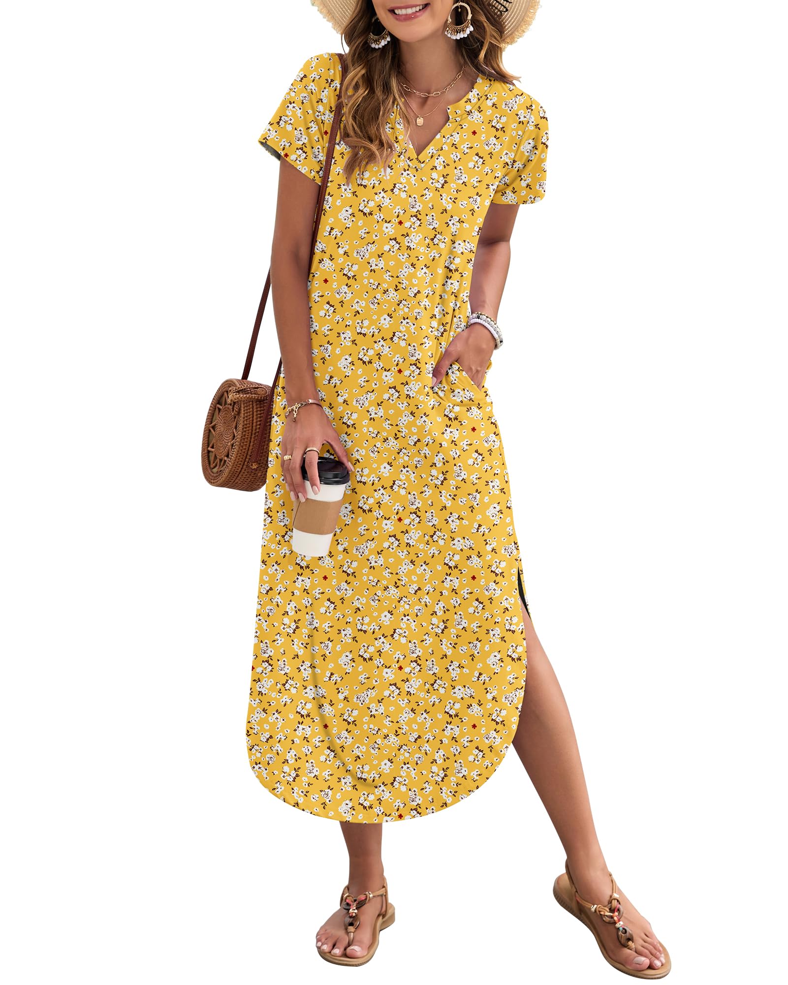 MISFAY Women's Summer Maxi Dress 2026 Short Sleeves Casual V Neck Sundress Loose Fit Split Long Beach T Shirt Dresses