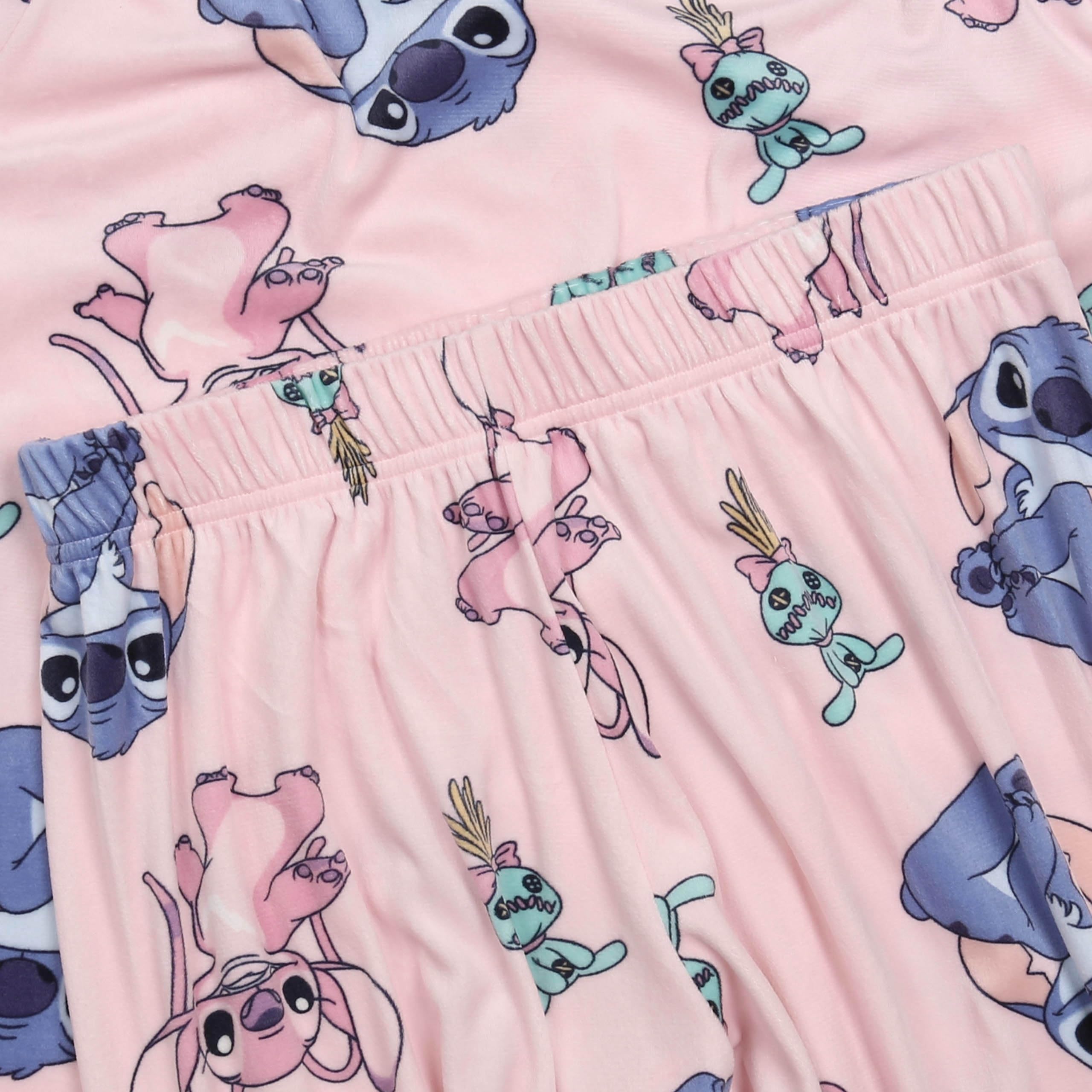 DISNEY Stitch e Angel Pigiama da donna, rosa, a maniche lunghe, IN VELLUTO, completo da notte due pezzi