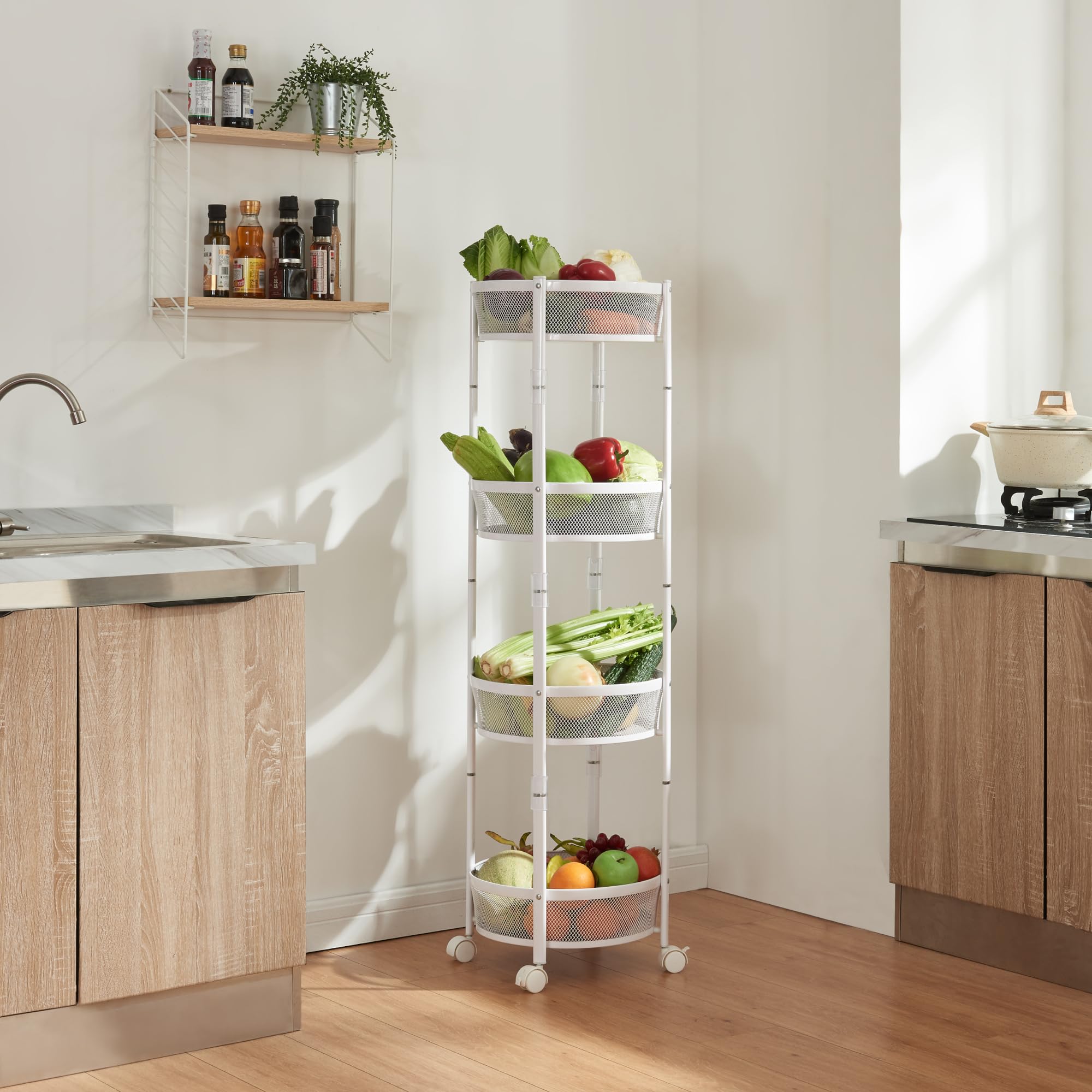 [en.casa] Carrito de Cocina Baño Oficina con 4 Cestas Redondas Plegable Verdulero Carro de Servicio con 4 Ruedas 2 con Freno Paredes Perforadas Acero 123xØ38cm - Blanco