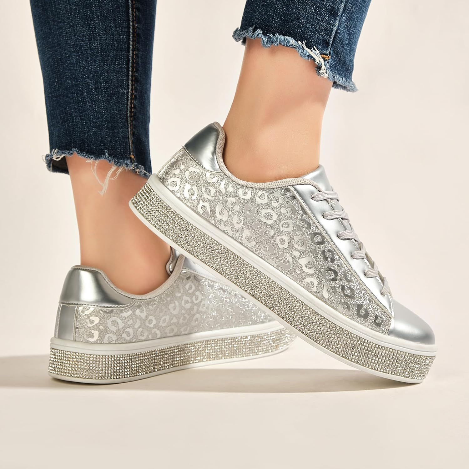 UUBARIS Women's Glitter Tennis Sneakers Neon Dressy Sparkly Sneakers Rhinestone Bling Wedding Bridal Shoes Shiny Sequin Shoes - Image 6