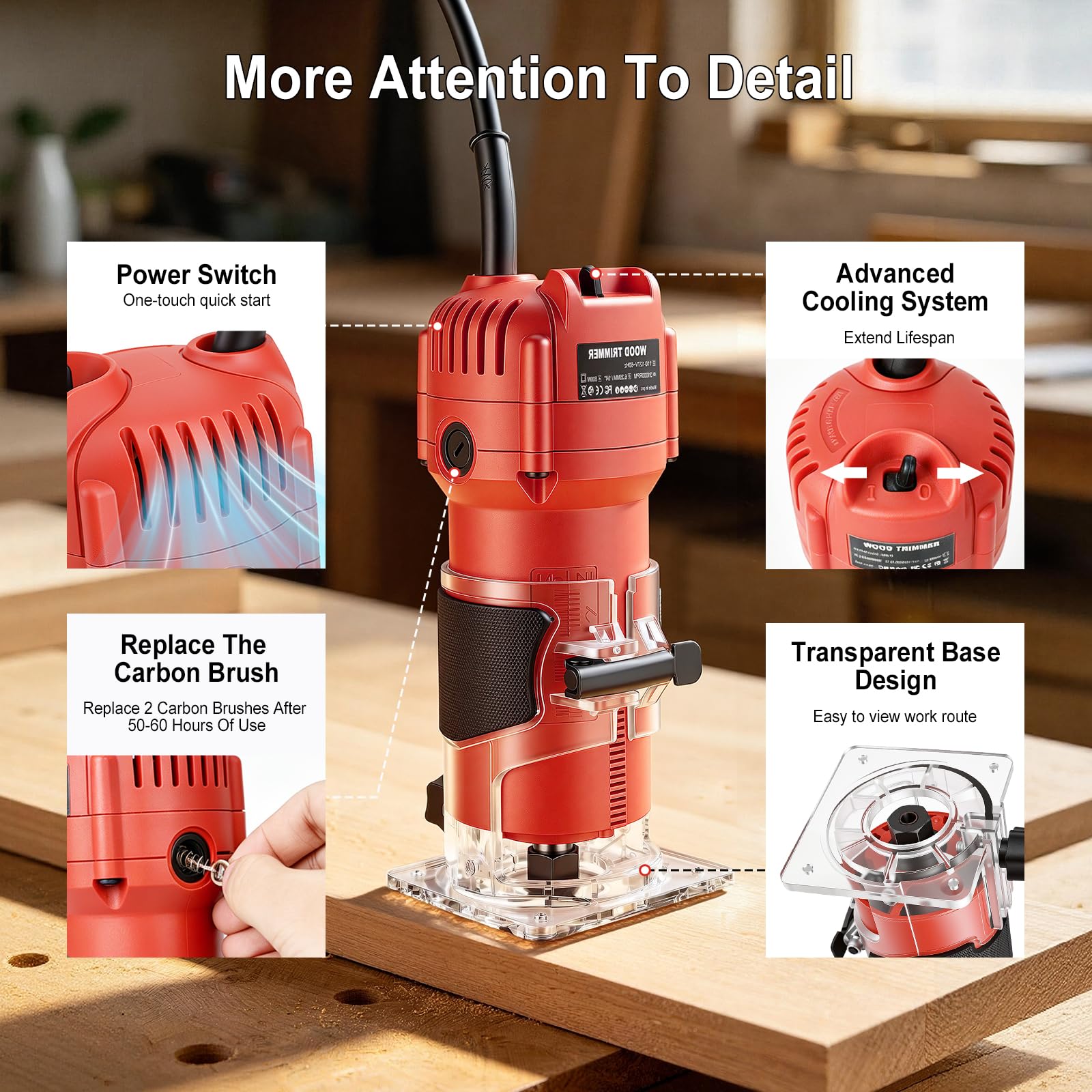Fresadora de Madera Rebajadora Eléctrica 800W 30000RPM, Fresadora de Mano con Juego de 15 Fresas de 1/4" (6,35mm) y Base Transparente, Herramienta de Carpintería para Bricolaje, Talla y Recorte
