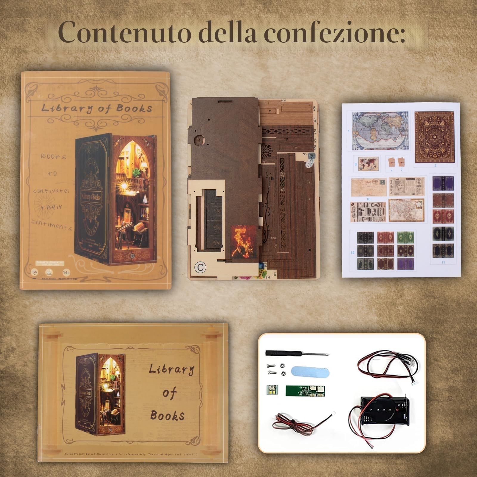 DIY Book Nook Kit per Casa Delle Bambole Fai da Te in Miniatura Kit di Costruzione di Modellini con Mobili e Luce LED in Legno Book Scaffale Inserto Decorazione Regalo Creativo per Adolescent