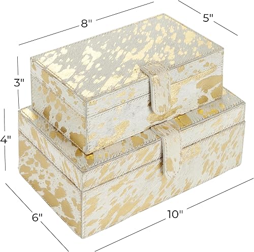 Miniatura 6 de Deco 79 Caja de cuero hecha a mano con pintura de lámina dorada, juego de 2 8 pulgadas, 10 pulgadas de ancho, oro