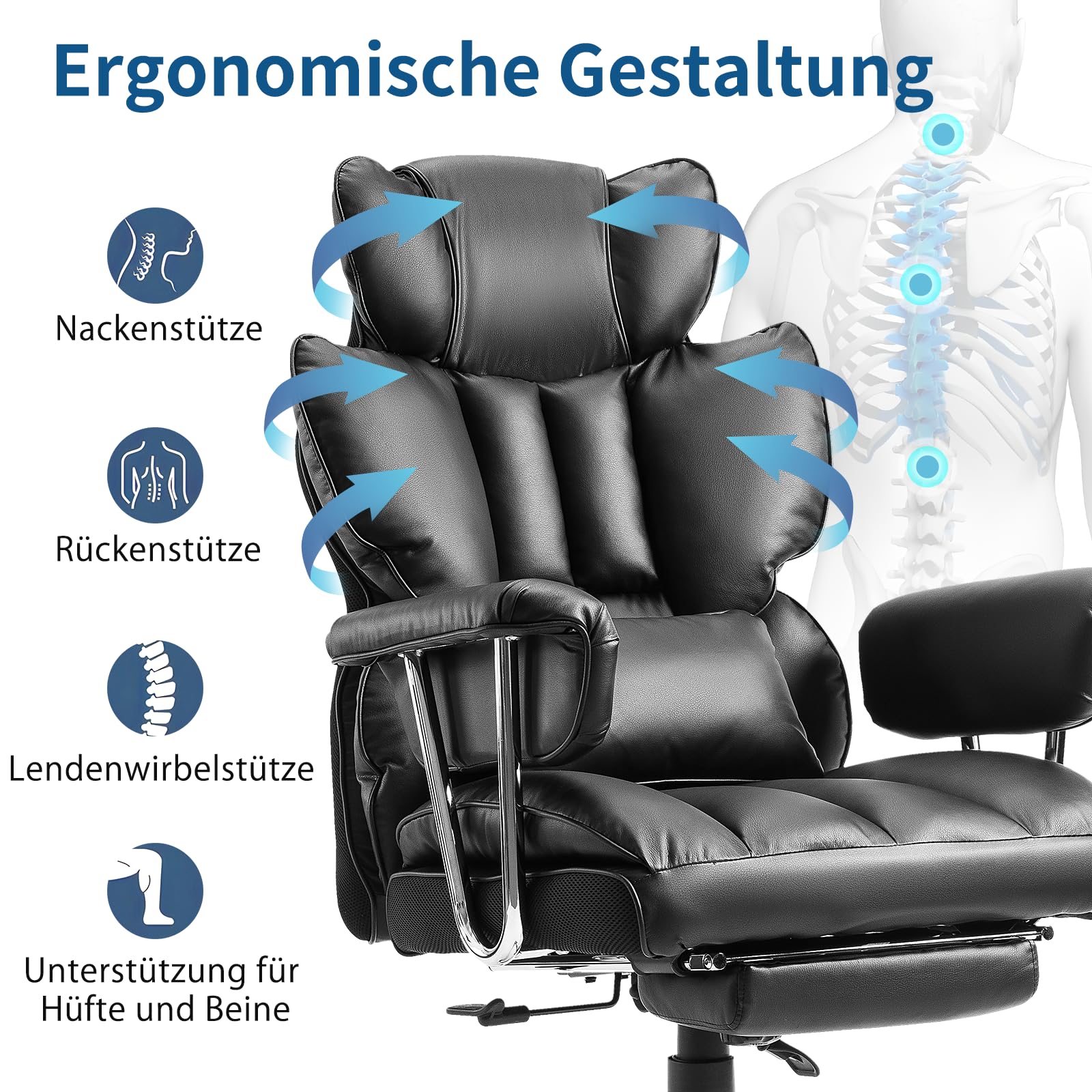 YEEZEE Bürostuhl mit Fußstütze, Chefsessel mit hoher Rückenlehne, Bürosessel aus PU-Leder mit separatem, abnehmbarem Lendenkissen, Verstellbarer bequemer Bürostuhl, Chefsessel 200 kg belastbarkeit