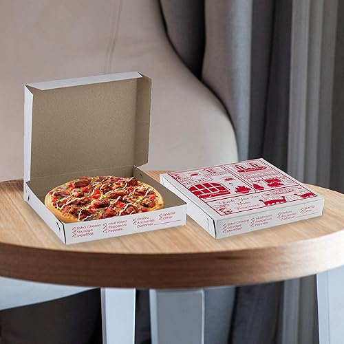 Miniatura 7 de MT Products Caja de pizza blanco-roja de 12 x 12 x 2 pulgadas, cajas de pizza extrafinas con diseño (paquete de 10) - Fabricado en los Estados Unidos
