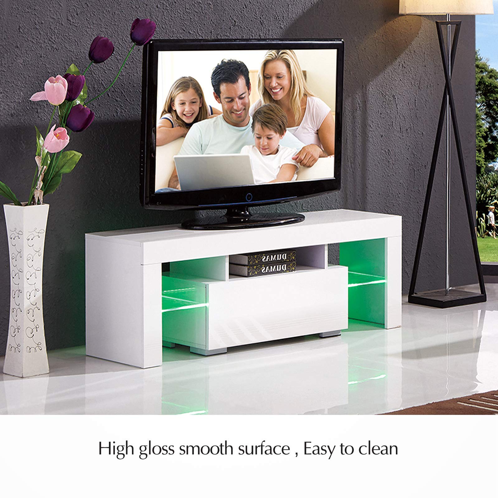 Mecor Modern White TV Stand with LED Light, High Gloss TV Stand for 50/
