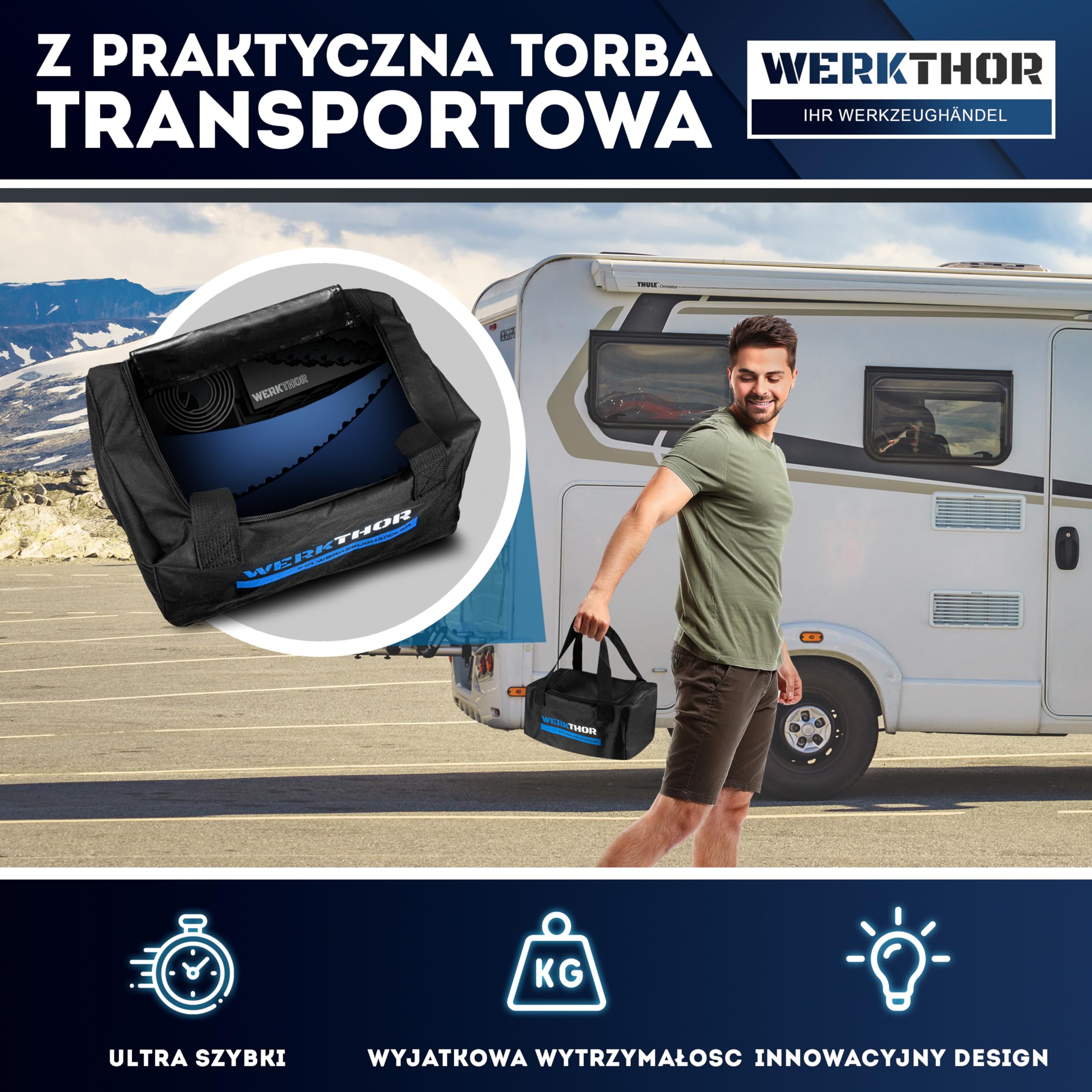 WERKTHOR Kliny pod Koł do Kamperów (Niebieskie) - [Zestaw 2] Sprawdzone Kliny pod Koła do Przyczep Kempingowych, Kamperów i Przyczep [<13,5 t] - Bezstopniowe Kliny pod Koła Wraz z Torbą