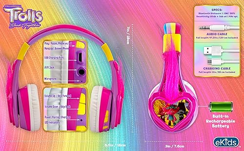 Miniatura 6 de eKids Trolls Band Together - Auriculares Bluetooth para niños, auriculares inalámbricos con micrófono, incluye cable auxiliar, reducción de volumen