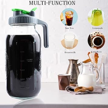 Cold Brew Coffee Maker 64 Oz Mason Jar Iced Tea Pitcher With Strainer 2 Set Half Gallon Glass Pitcher With Spout Lid 2 Quar Water Jug For Fridge Beverage, Sun Tea, Hot Cold Brew, Lemonade, Juice