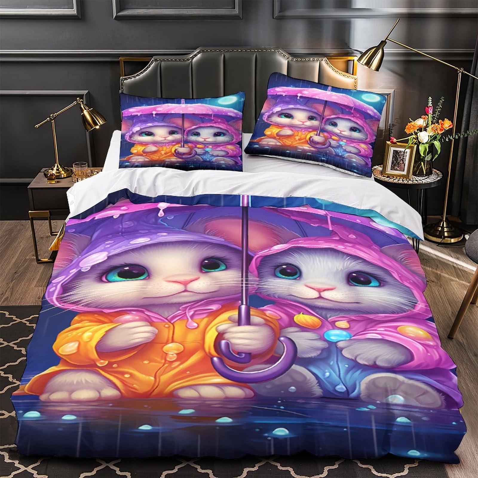 Parure de lit lapin 140x200 cm avec housse de couette en microfibre