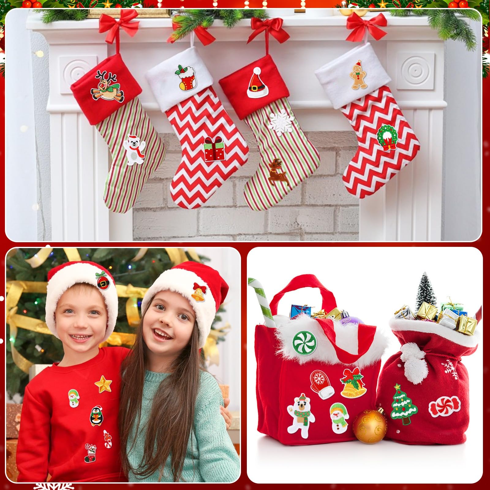 AUGSUN 60 parches de Navidad para planchar, estilos surtidos, bordados de Navidad, parches de reparación de Papá Noel, árbol de Navidad, corona, muñeco de nieve, alce, ángel, reno, bastón de caramelo,