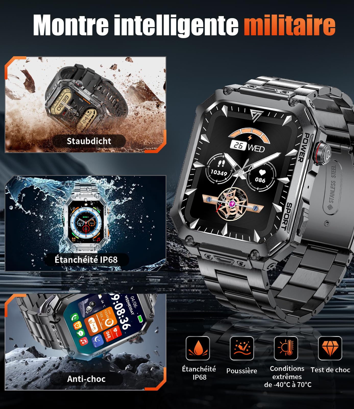 LIGE Montre Connectée Homme avec 3 Bracelets, Grand Écran HD de 2,01", Appels Bluetooth, Suivi de la Fréquence Cardiaque, Podomètre, Smartwatch Étanche IP68 Compatible Android et iOS, EF2-L