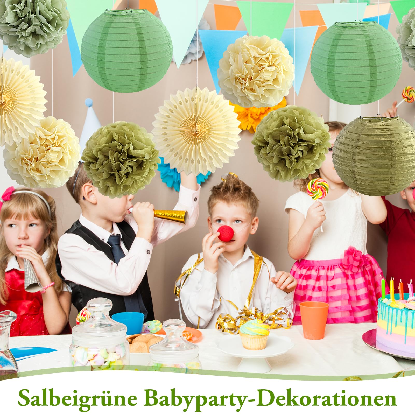 15 pezzi Decorazioni per feste verde salvia e oro, lanterne di carta verde salvia, pompon per matrimoni, fidanzamenti, baby shower, compleanni, feste