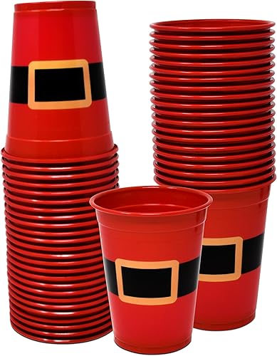 Paquete de 50 vasos de Navidad desechables de plástico de 16 onzas. Diseño de cinturón de Papá Noel rojo y negro, taza transparente para bebidas de