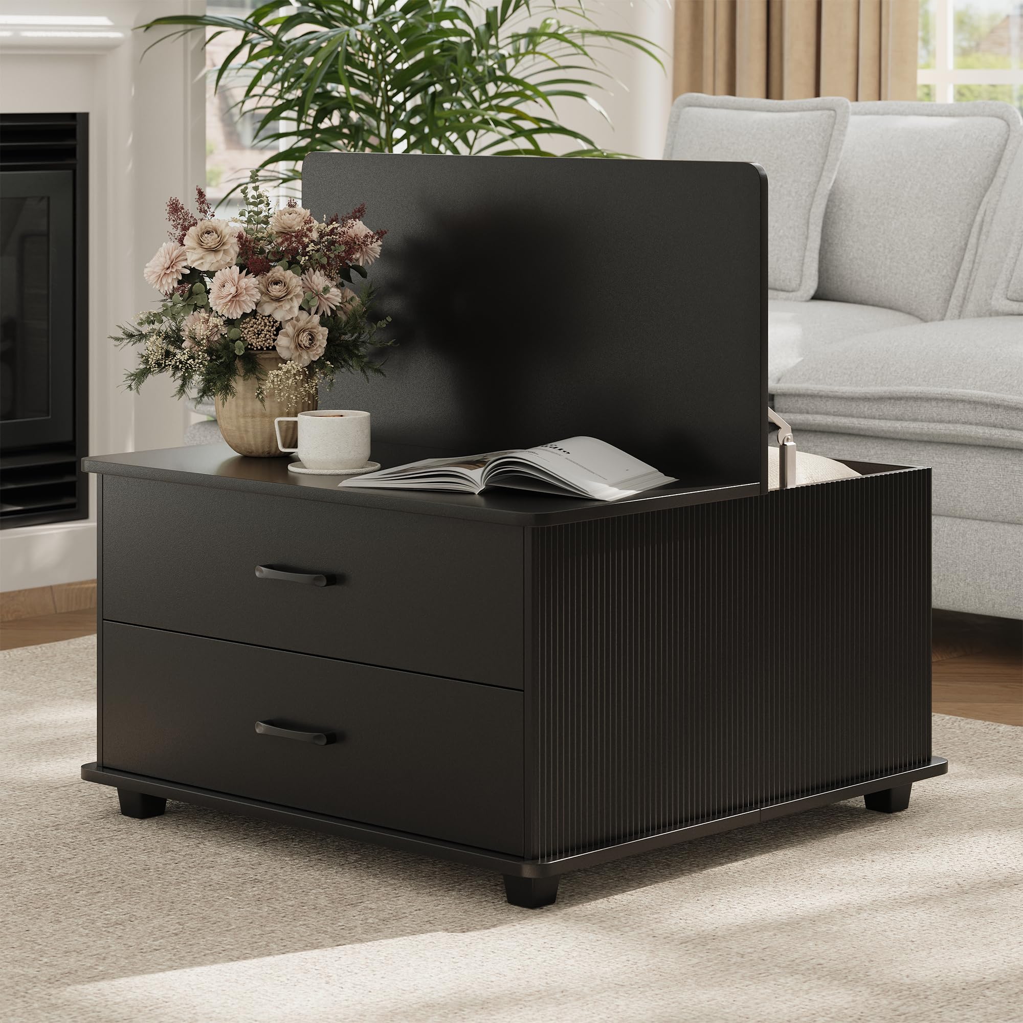 MALOL Storage Coffee Table with 2 Drawers &amp; Flip-Top Lid with Hidden Storage, Modern Fluted Wood Coffee Table, Solid Wood Legs, Square Center Table for Living Room, Black