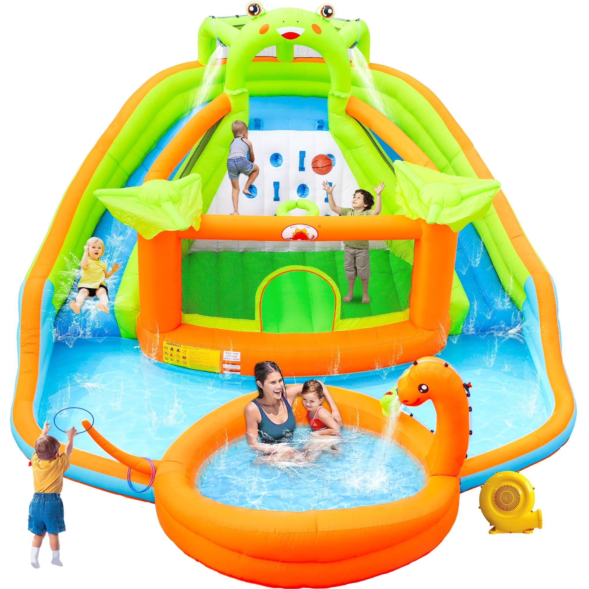 WELLFUNTIME Parque inflable de doble tobogán acuático con soplador, castillo inflable con cañón de agua, piscina de dinosaurios, castillo de rana, pared de escalada, aro de baloncesto, parque acuático