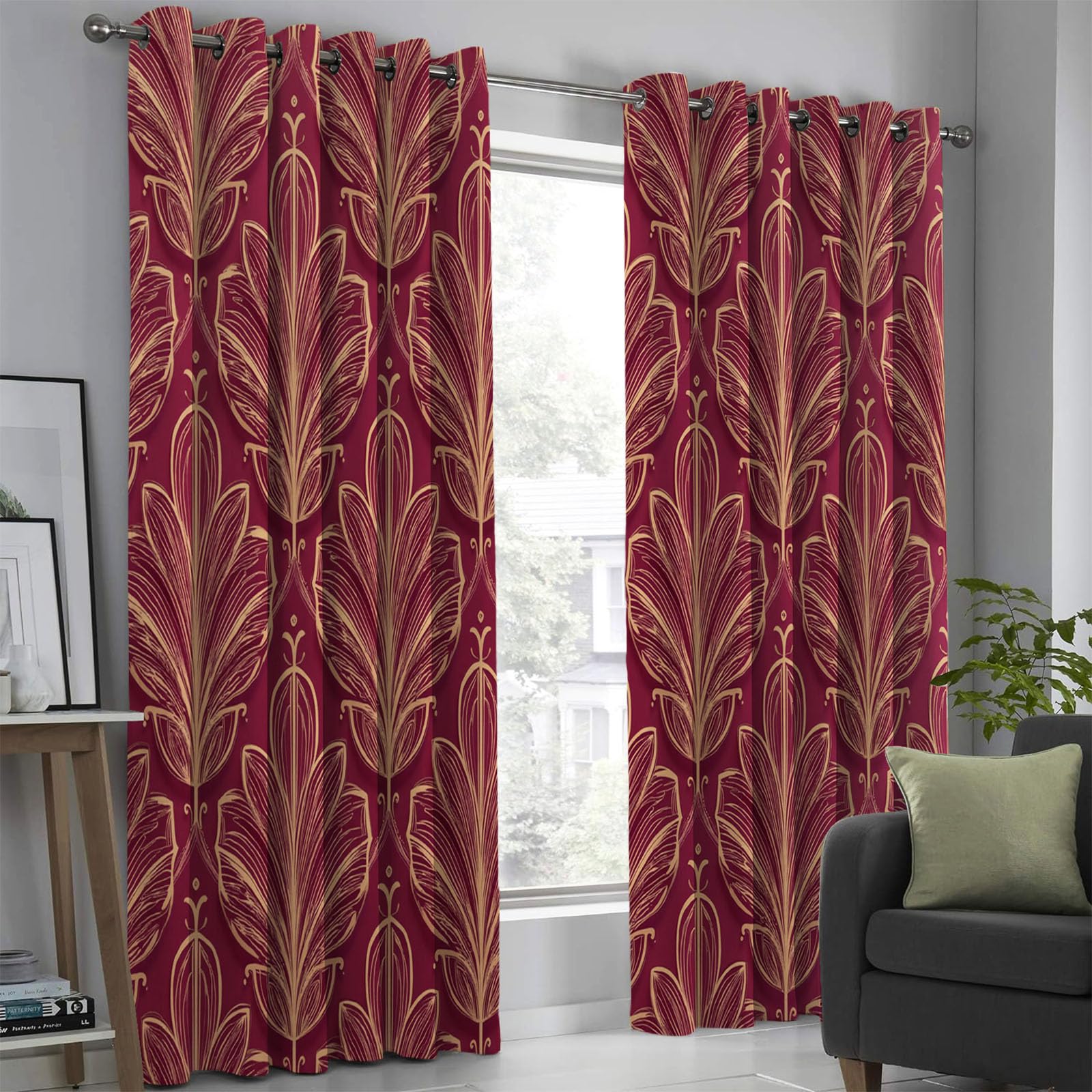 Rideau Occultant Thermique Anti Froid Luxe Rayures Feuilles, 110Lx215H Cm Lot De 2 À Oeillets, Tenture Opaque Art Botanique Decoration pour Chambre Salon Intérieurs, Rouge Bordeaux