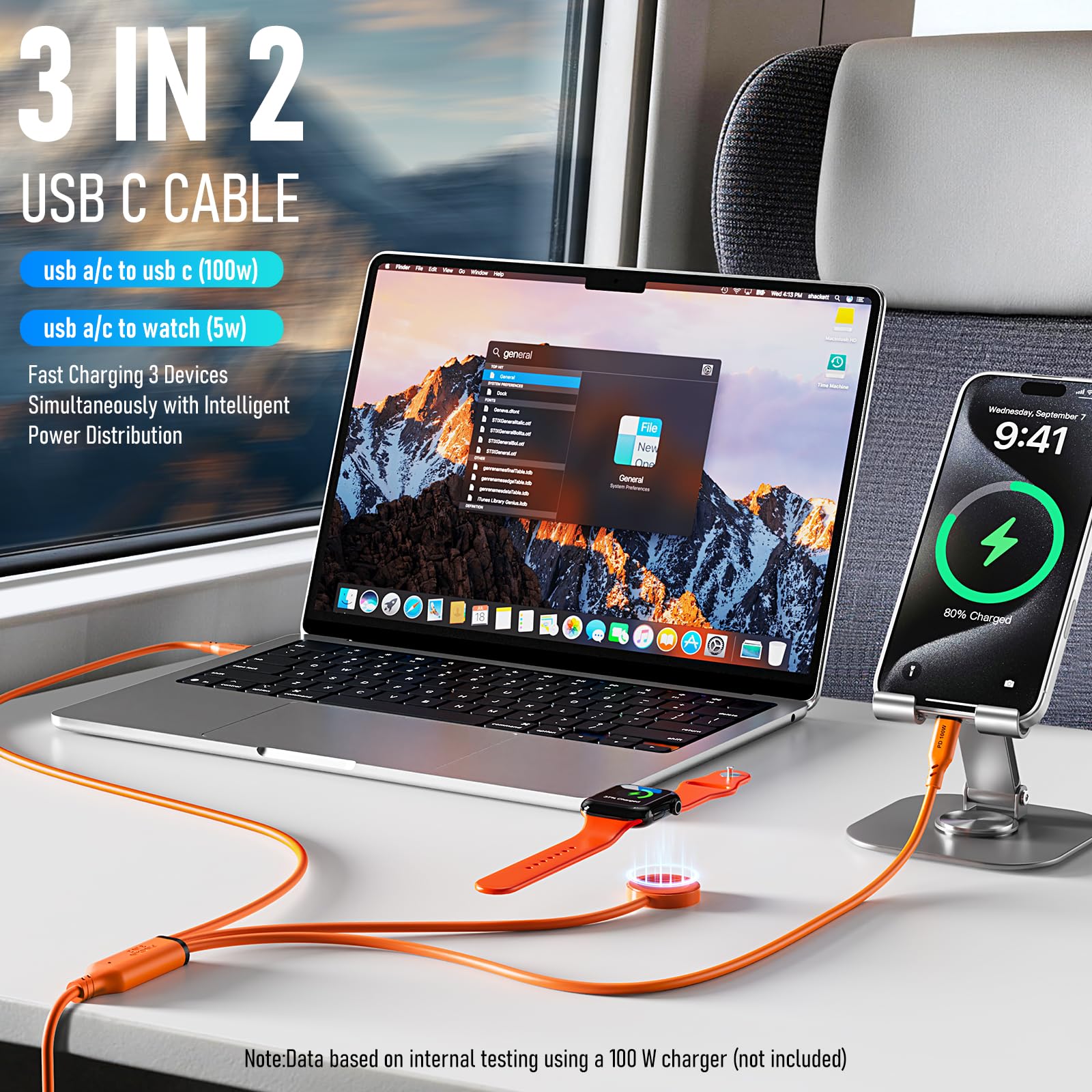Travel Essentials Câble de charge 3 en 2 en silicone 100 W USB A/C vers double USB C/pour Apple Watch, câble de charge rapide compatible avec iPhone 17-15, iPad, MacBook, appareils de type C 1,5 m