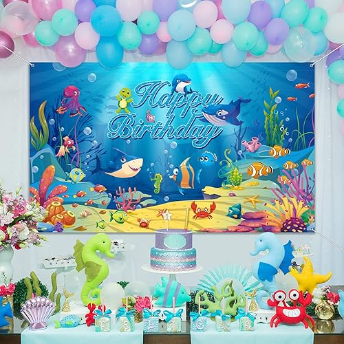 Miniatura 5 de Fondo de fondo marino con temática de animales del océano, decoración de cumpleaños con temática de fondo para fotografía de cumpleaños para niños,