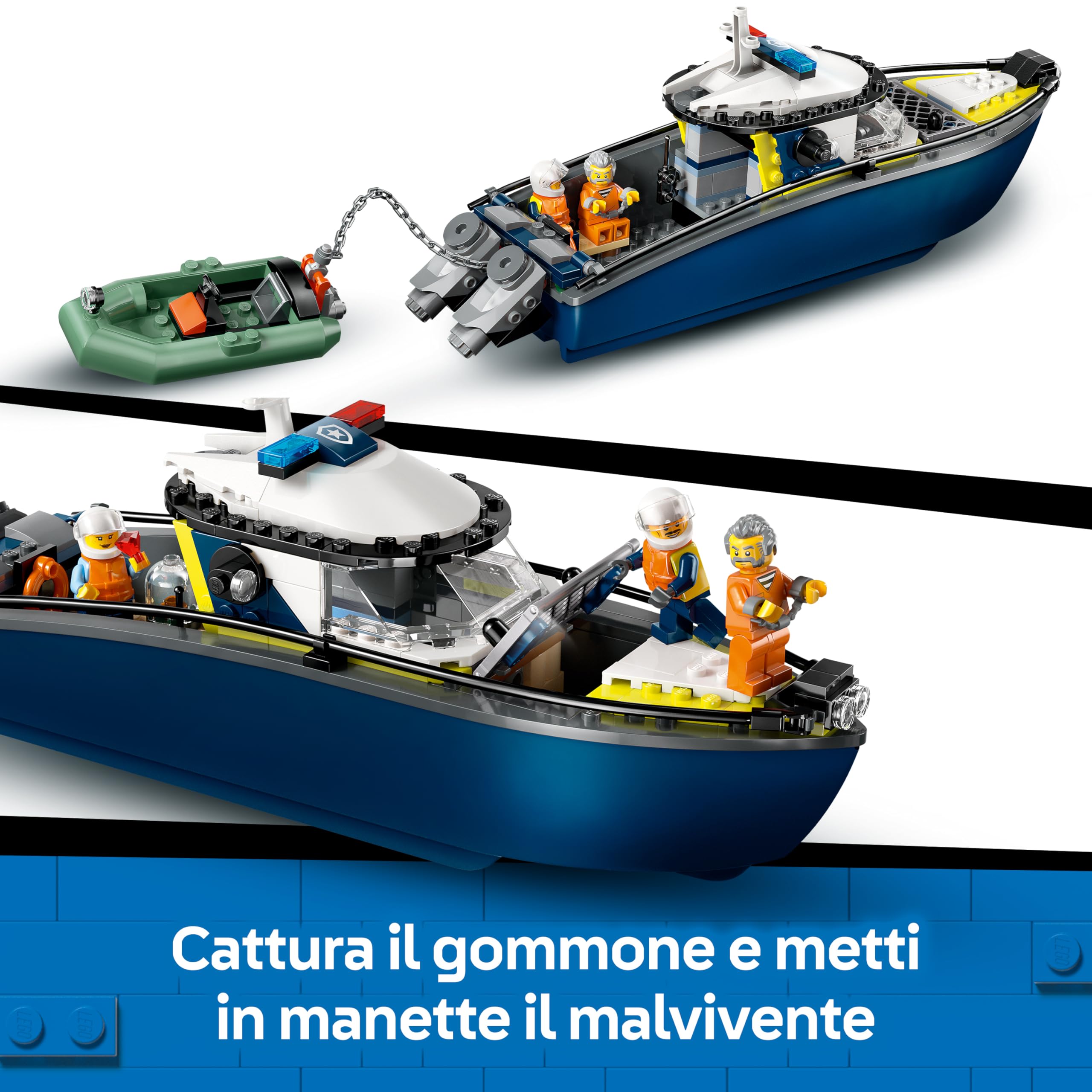 LEGO City Inseguimento del Motoscafo della Polizia – Include 2 Barche Giocattolo, 3 Minifigure e una Figura di Squalo – Regalo per Bambini e Bambine da 6 Anni in su – 60456