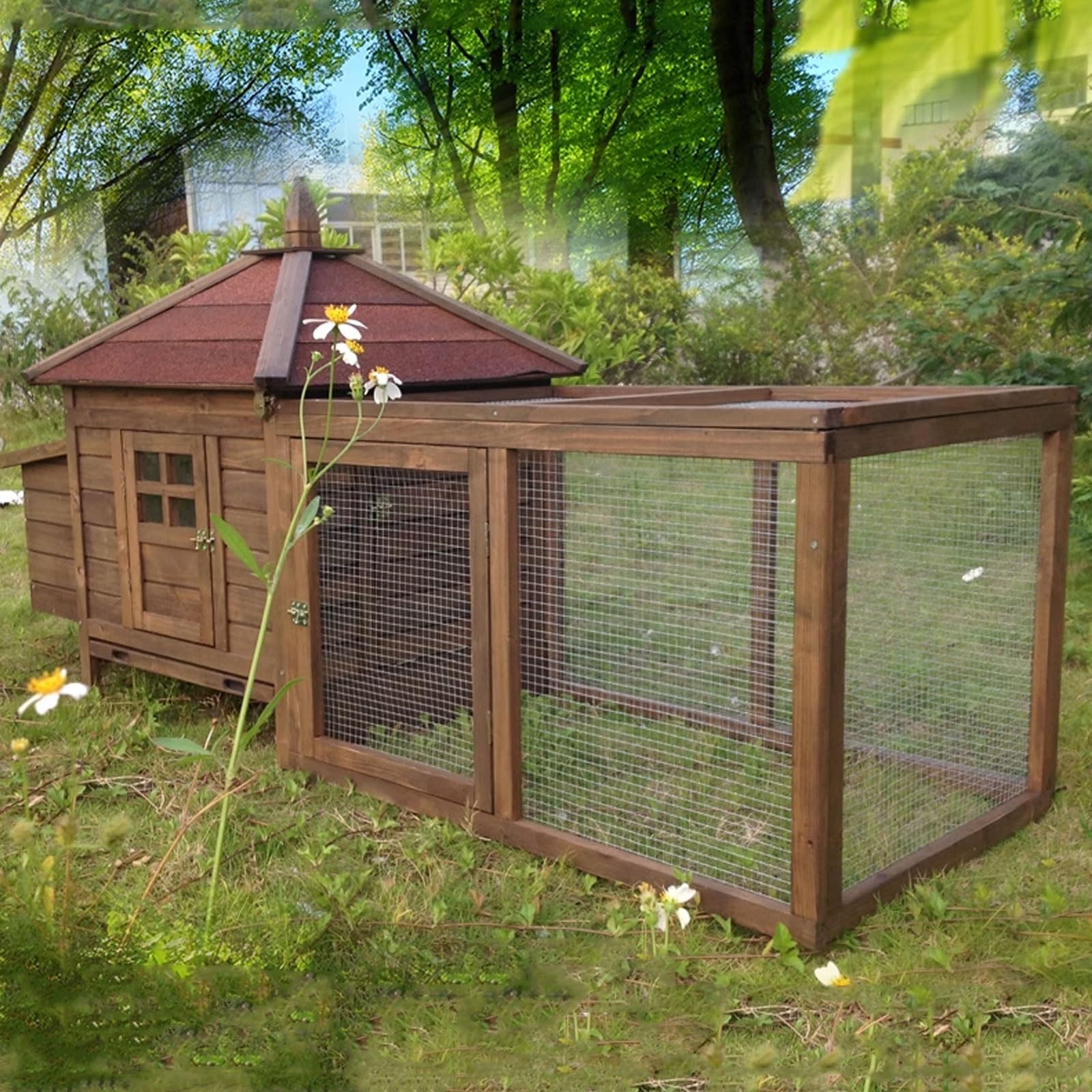 Pollaio per Galline Da Esterno Grande in Legno 2 Taglie Gabbia per Galline Con Rete in Metallo E Porte Multiple Pollaio Di Lusso Vassoio per Cassetto(Natural,199 * 74 * 98CM)