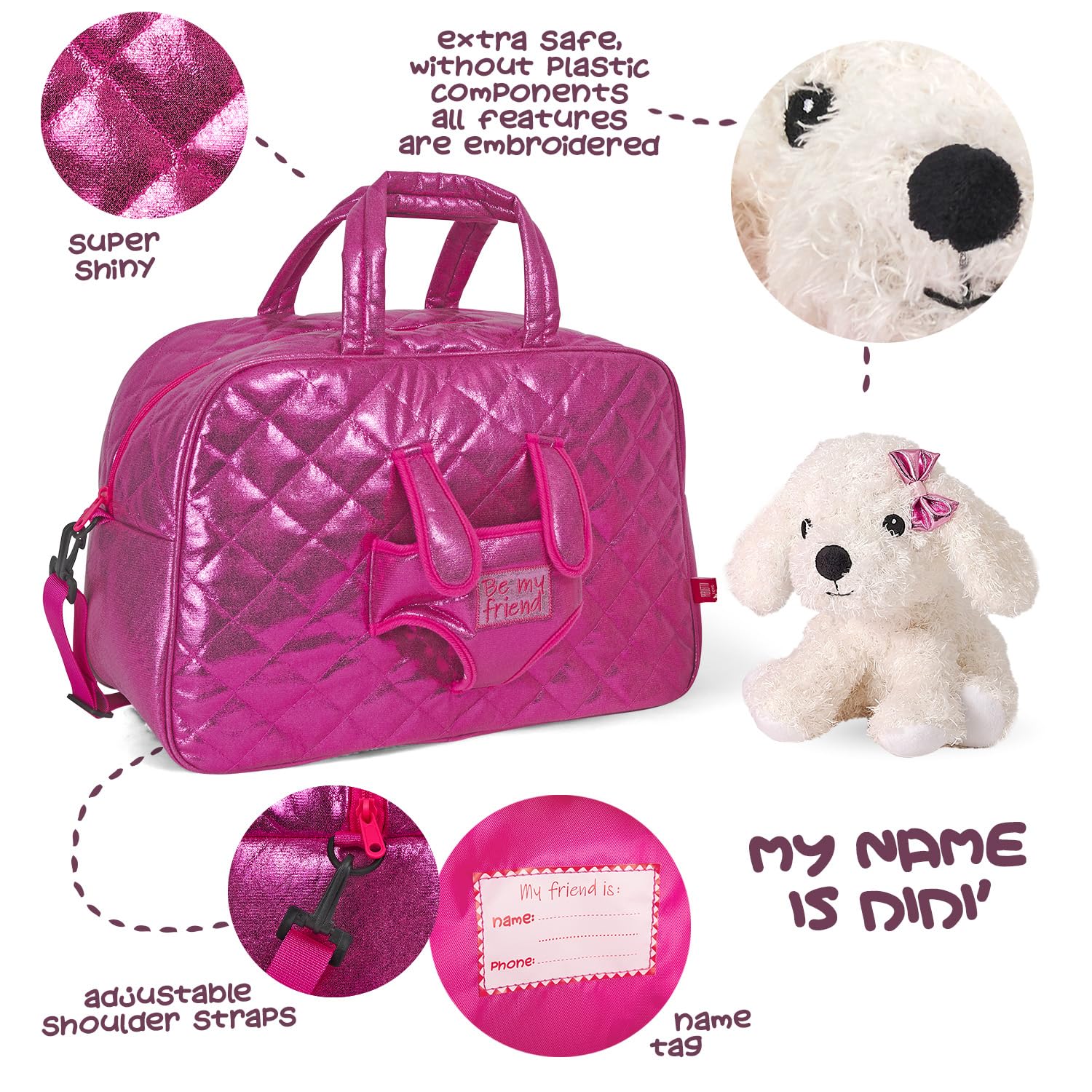 PERLETTI Bolsa de Viaje Deporte Niña con Caniche Peluche - Bolso Niñas Guardería con Perro Peluche Extraíble Rosa - Duffle Bag Regalo Niña 3 4 5 6 Años con Bandolera - 27x41,5x21cm (Bolsa de Viaje)