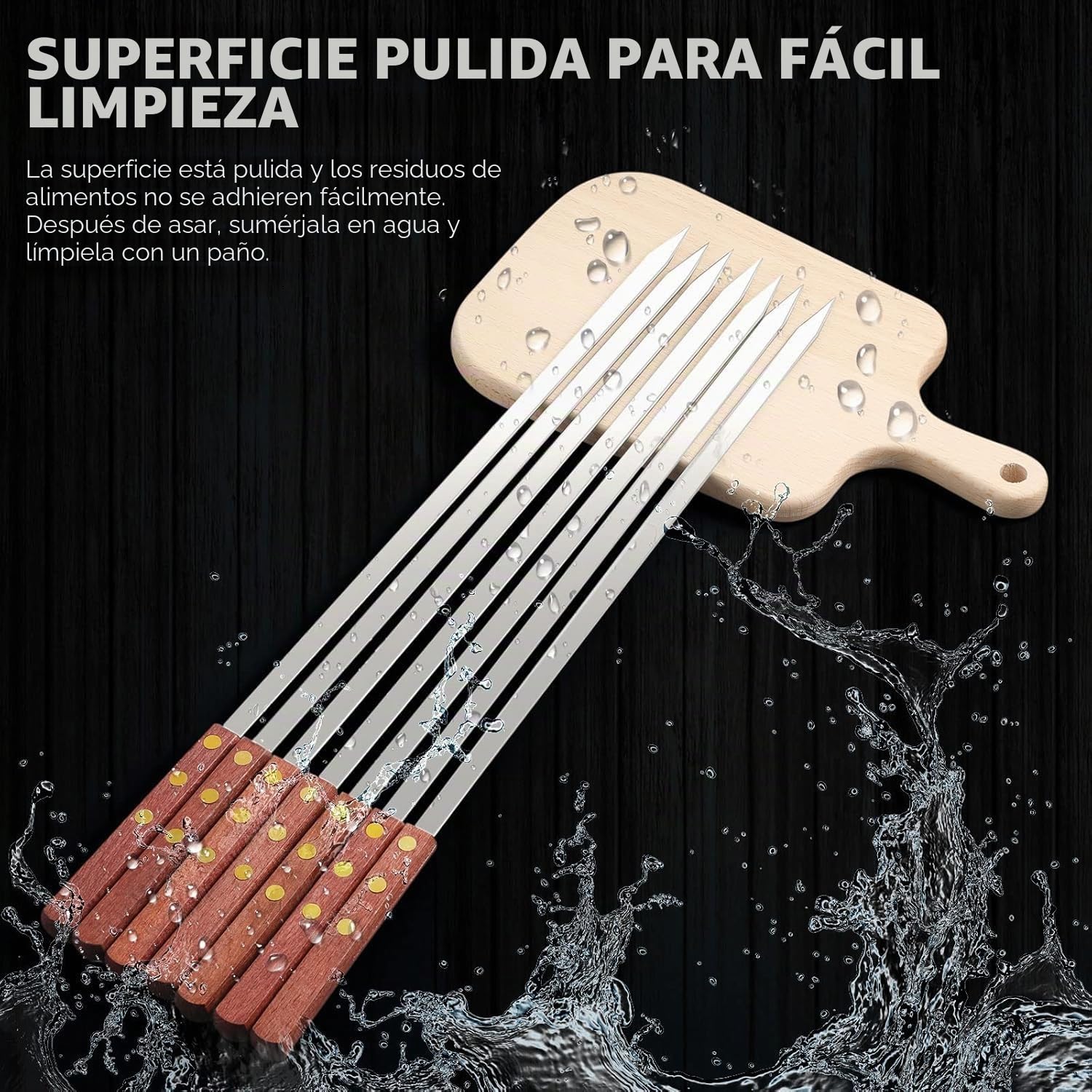 8 Piezas Pinchos de Carne Planos de Acero Inoxidable, 60cm de Carne Reutilizables, Brochetas de Carne Extra Largos con Mangos de Madera, Cubiertos Barbacoa, Pinchos para Verduras Accesorios Barbacoa