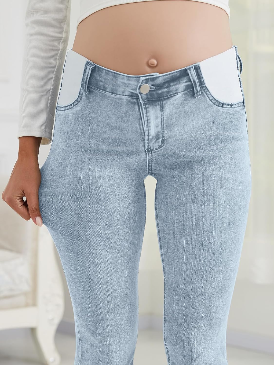 Women's Maternity Jeans Slim Side Stretchy Straight Leg Pregnancy Petite Denim Pants with Pockets - Image 3