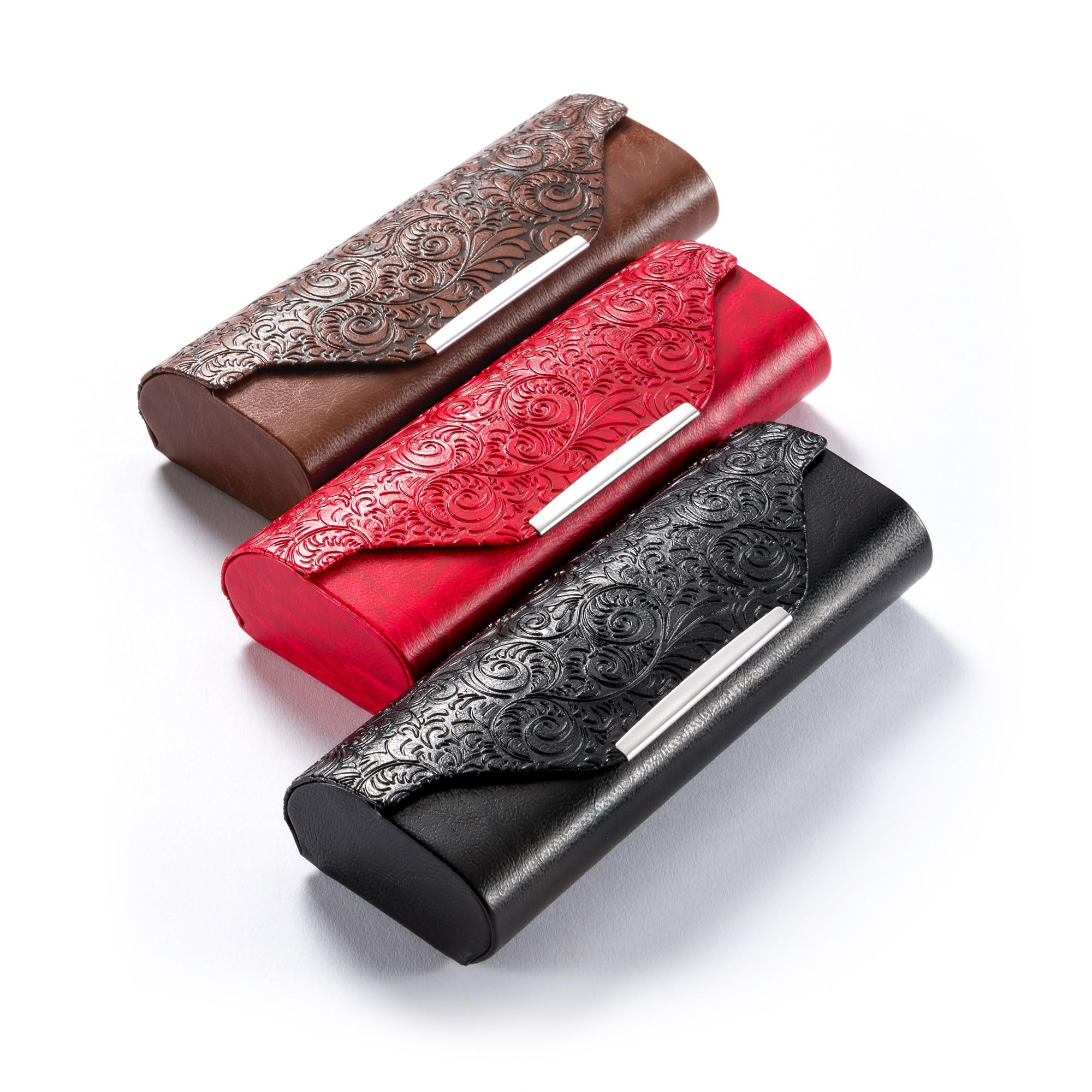 FEFI Brillenetui Hardcase - Edles Design in Relief-Leder-Optik mit Chrom-Applikation, robust und langlebig, inkl. hochwertigem Mikrofasertuch