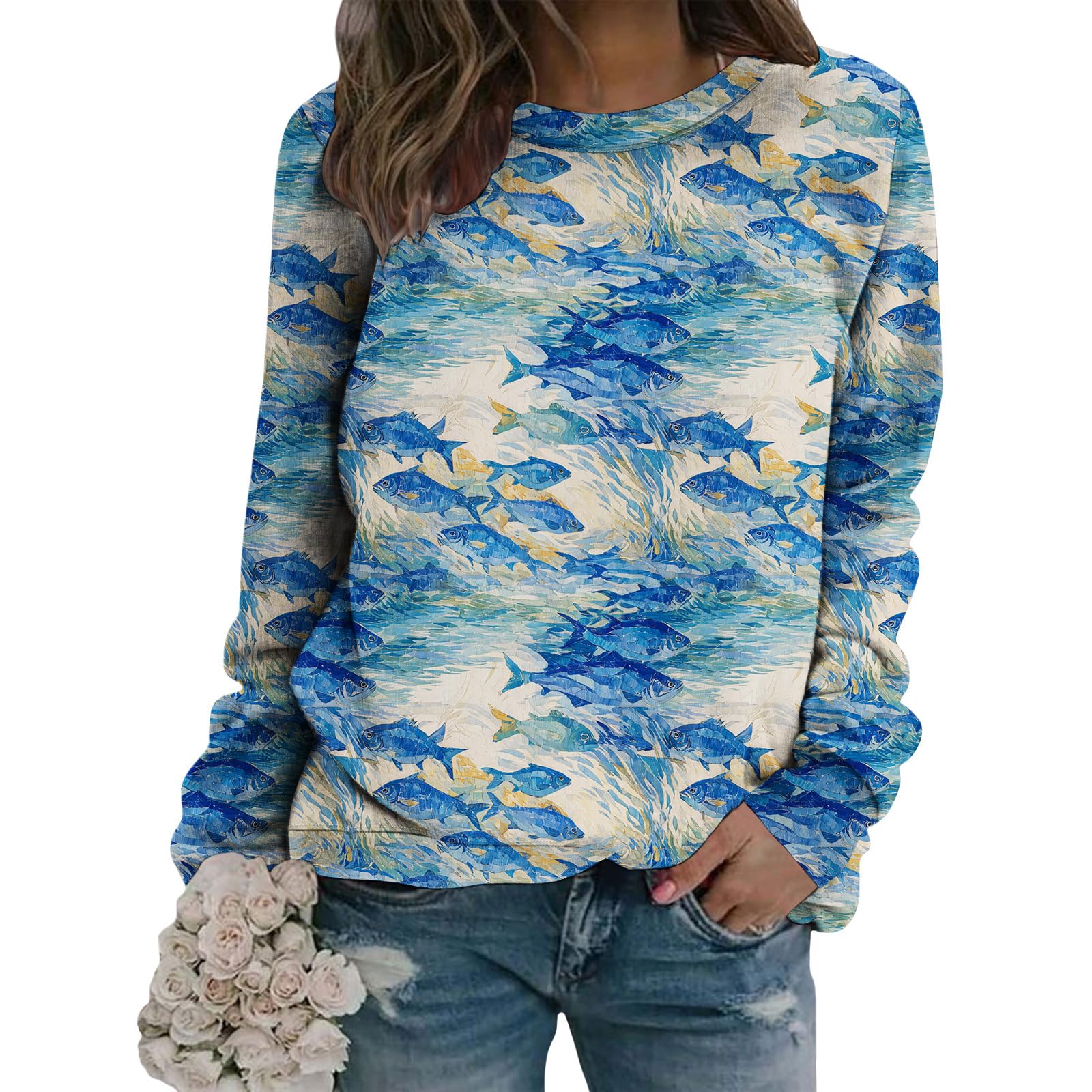 Womens Oriental Floral Print Sweatshirt Long Sleeve Cotton Blend Loose Fit Casual Pullover Artistic Vintage Top