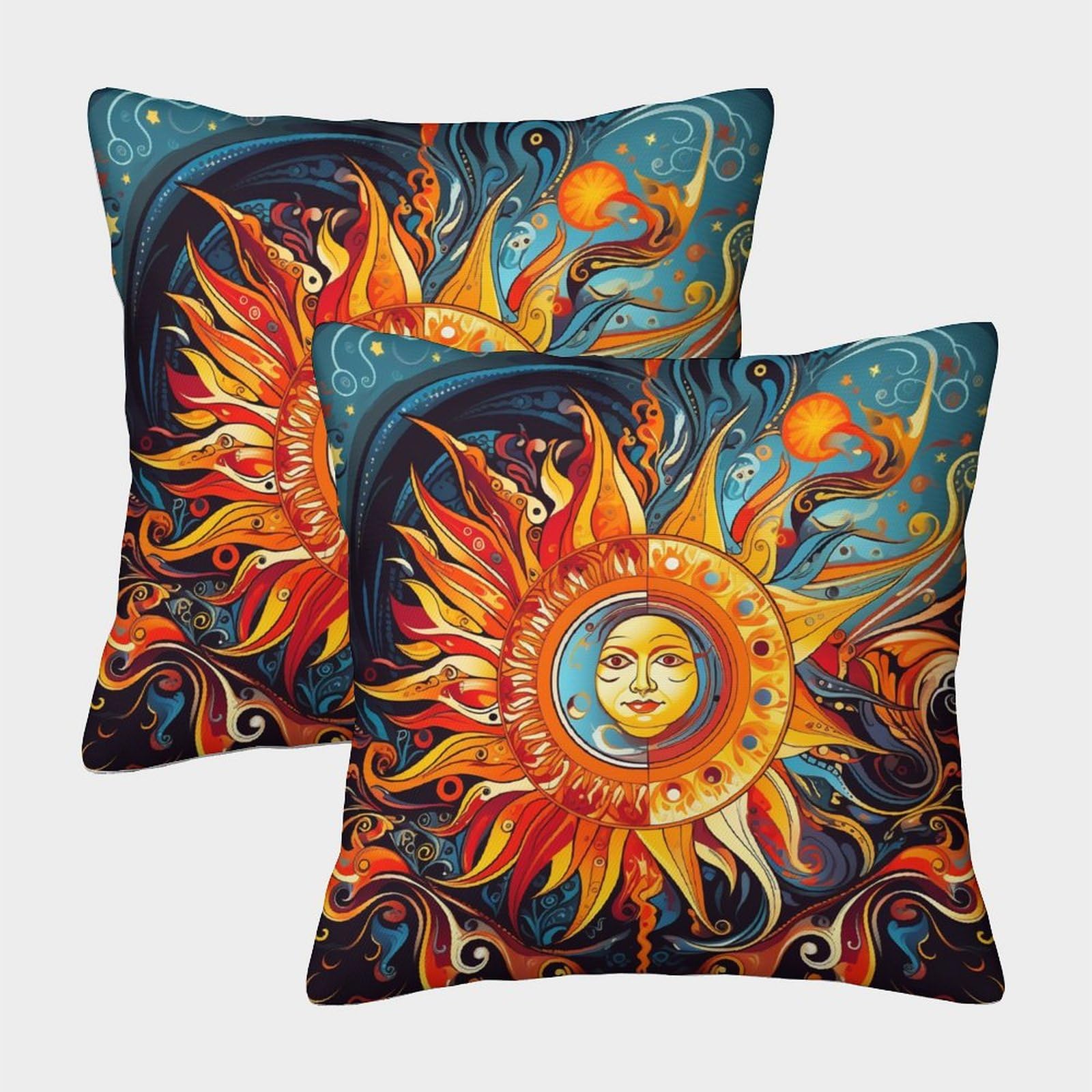 PFYWZJDDTTBD Square Decorative Bohemian Sun Throw Pillow Cases Cushion Covers Set of 2 for Home Office Sofa Couch Car Garden Invisible Zipper 40x40cm