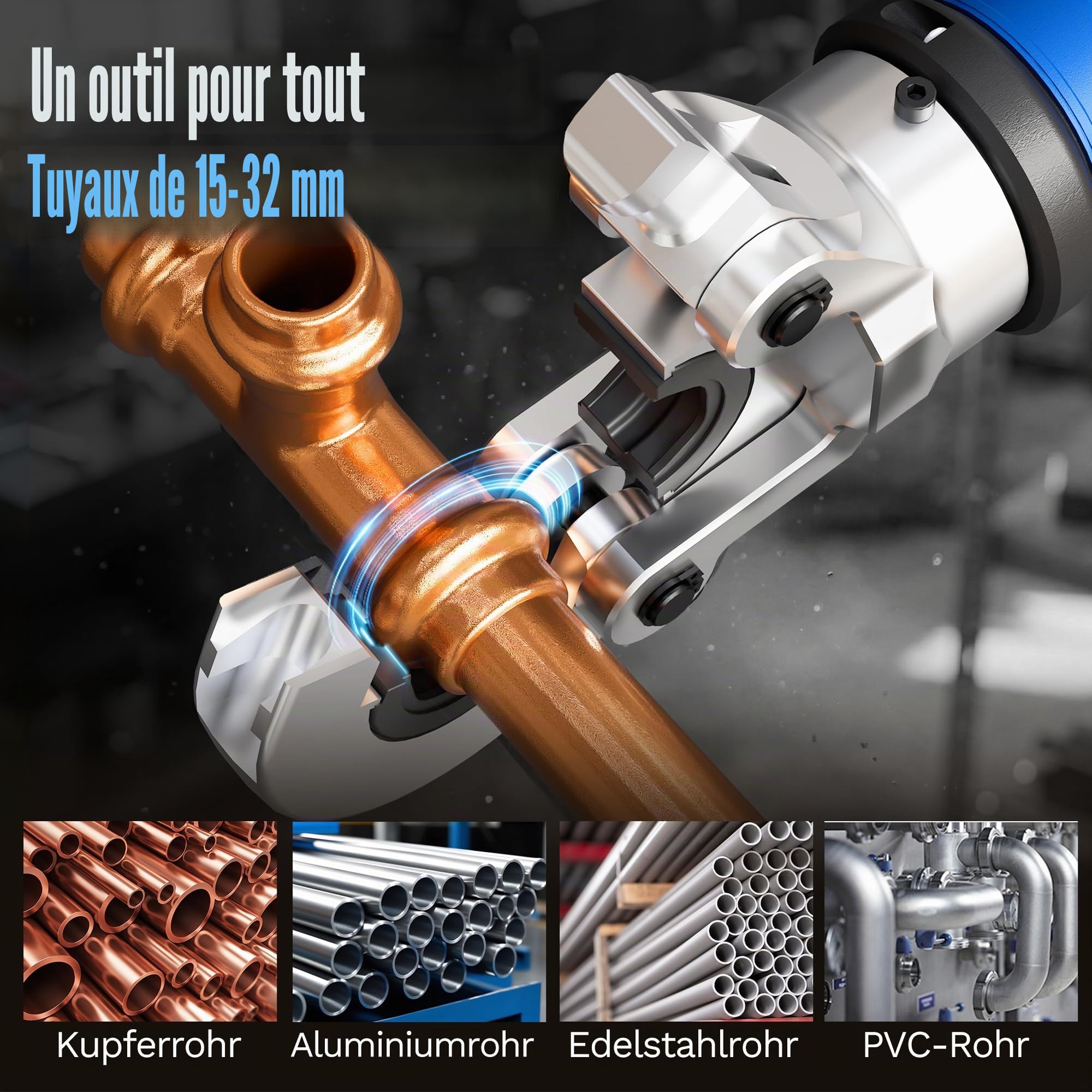 SWANSOFT 18V Pince à presser hydraulique pour tubes avec profils V/U/TH, kit outil de sertissage sans fil avec 12 matrices V15-18-22-28 U16-20-25-32 TH16-20-26-32 pour tube cuivre, inox et multicouche