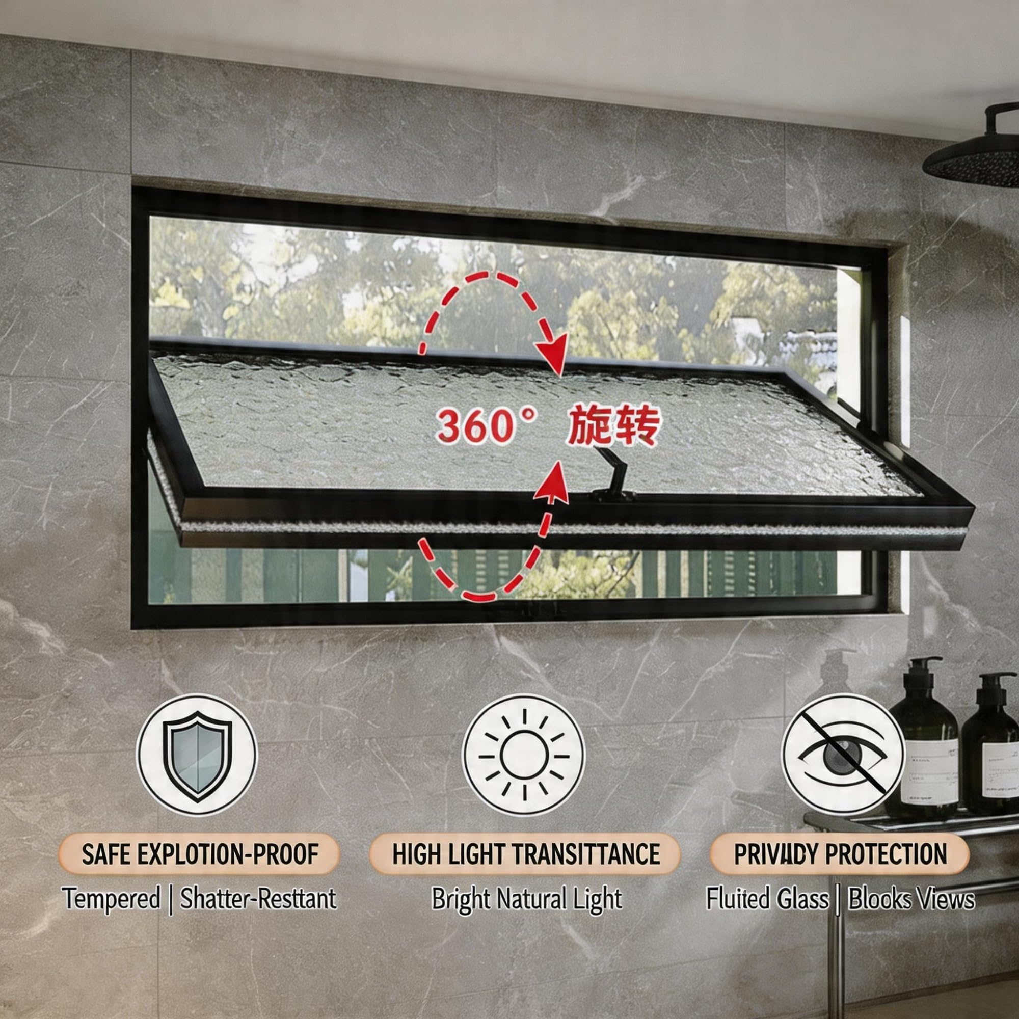 Finestra Rettangolare A Battente Girevole 360°, Vetro Temperato 5mm con Effetto Increspatura per La Privacy, Maniglia Robusta(White (Clear Glass),24x12in/60x30cm)