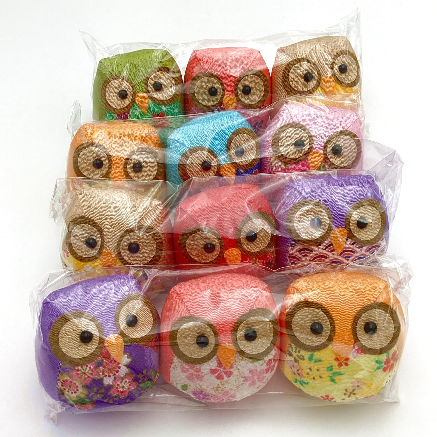Kyoyu Chirimen Crepe Yuzen Owl Figurines Set of 12 Handmade Japan 2.6in