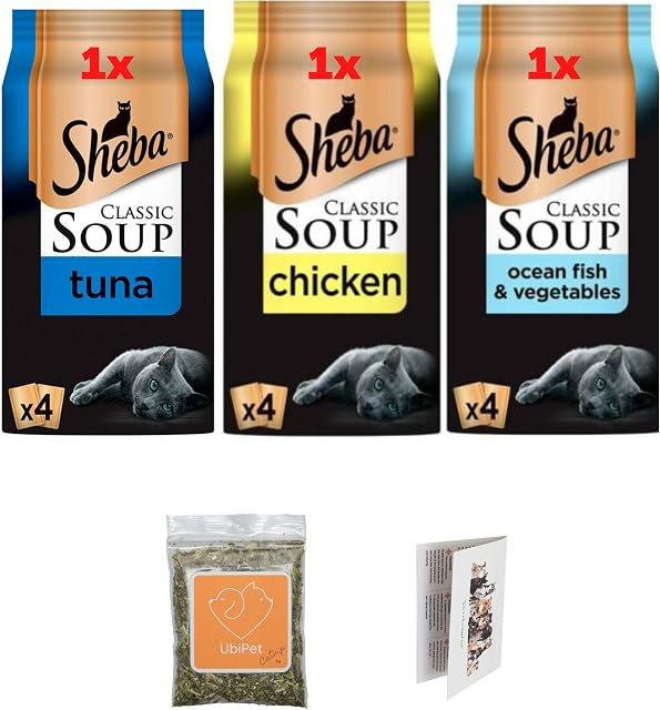 UbiPet Classic Sheba Soup Bundle Includes Tuna , Chicken, Ocean Fish and Vegetables Flavours (Total 4x3 pouches x40g) with Salmon in Jelly (1x85g) and a Pet Health Guide Card