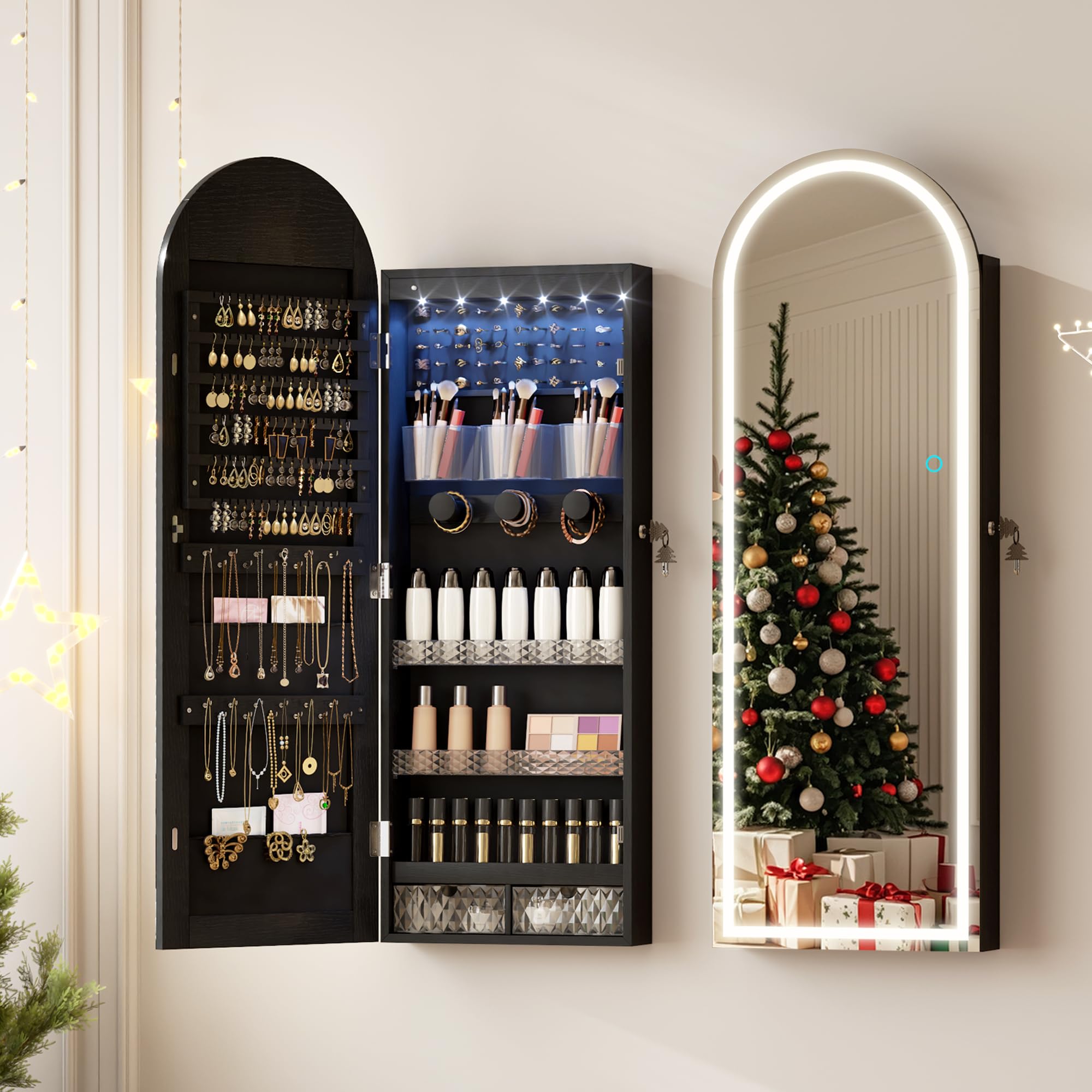 LVSOMT LED Gewölbter Schmuckschrank Hängend, Schmuckschrank mit Spiegel und Licht, Wand/Tür Hängend Schmuck Schrank Abschließbarer, Bogen Spiegel mit 3 Farben Licht, Höhenverstellbarer Haken, Schwarz