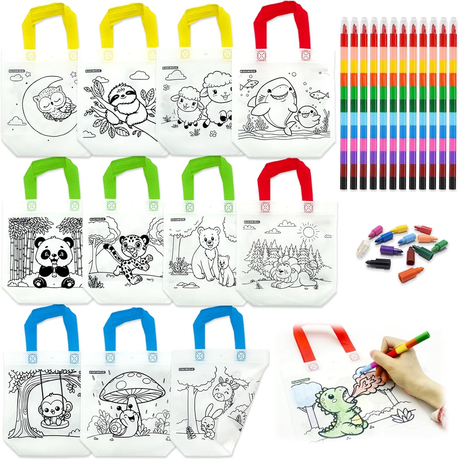 HahaMagic 12 Coloring Goodie Bags with 12 Crayons(12-in-1)