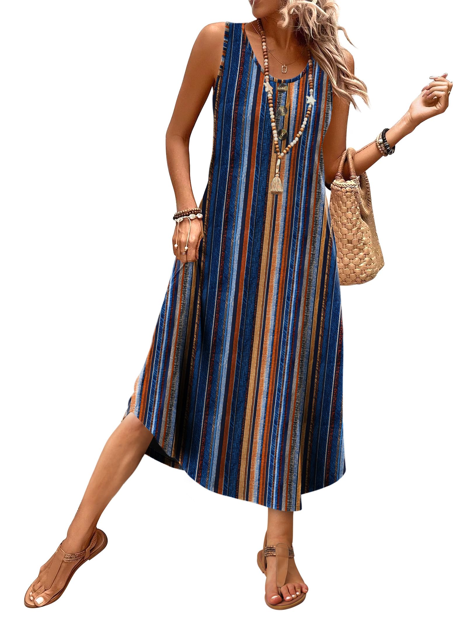 WIHOLL Summer Dresses for Women 2026 Button Front Sleeveless Casual Midi Dress Beach Vacation Sundresses with Pockets