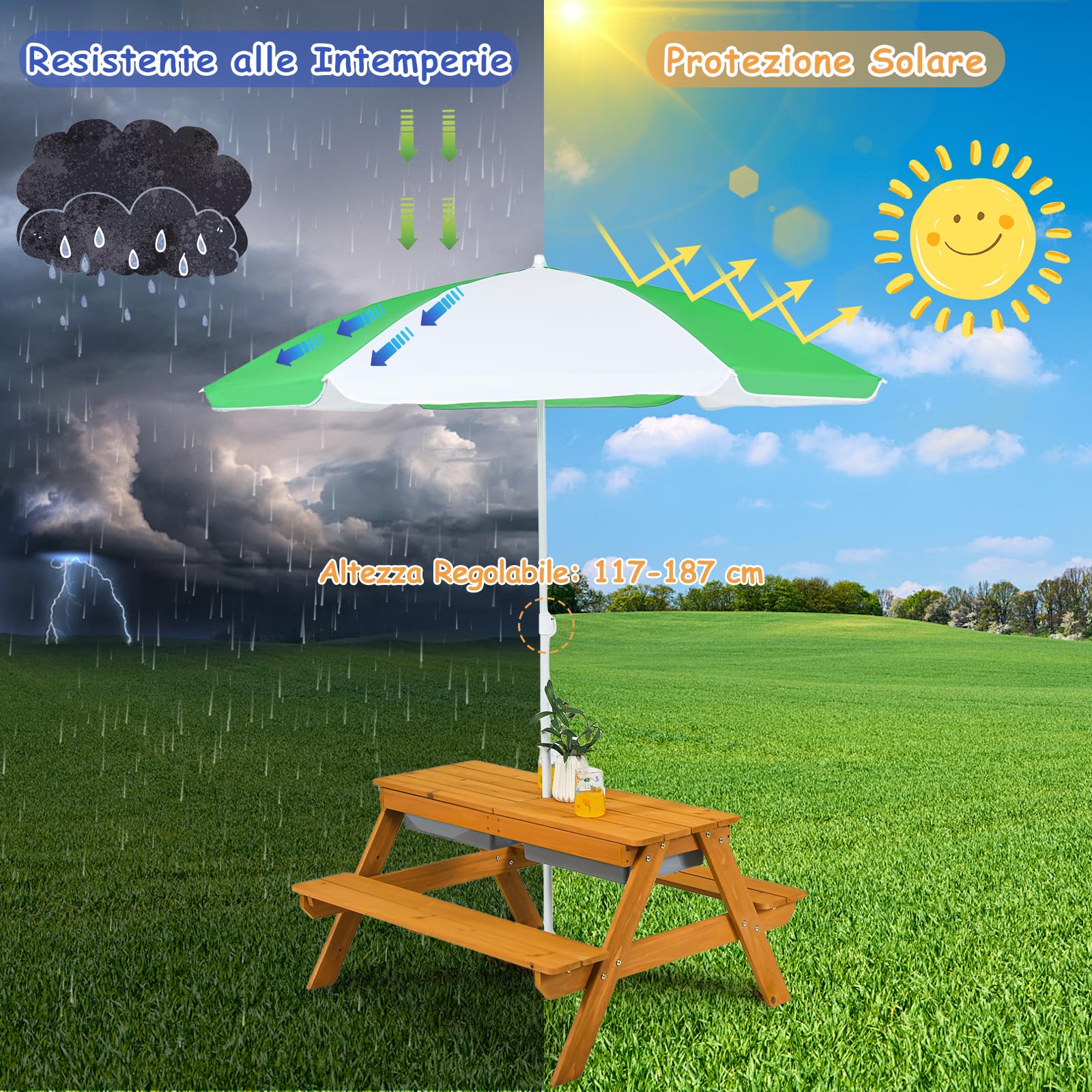 GYMAX Set Tavolo da Picnic 3 in 1 per Bambini, con Ombrello Rimovibile e Pieghevole e 2 Scatole, Set di Tavolo e Panca in Legno per Esterno Giardino Patio (Bianco+Verde)