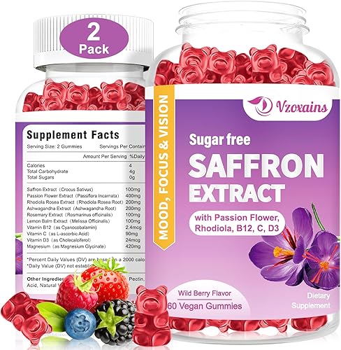 Paquete de 2 gomitas de azafrán sin azúcar, suplemento de azafrán con flor de la pasión, Rhodiola, Ashwagandha, vitamina B12 y D3, visión ocular,